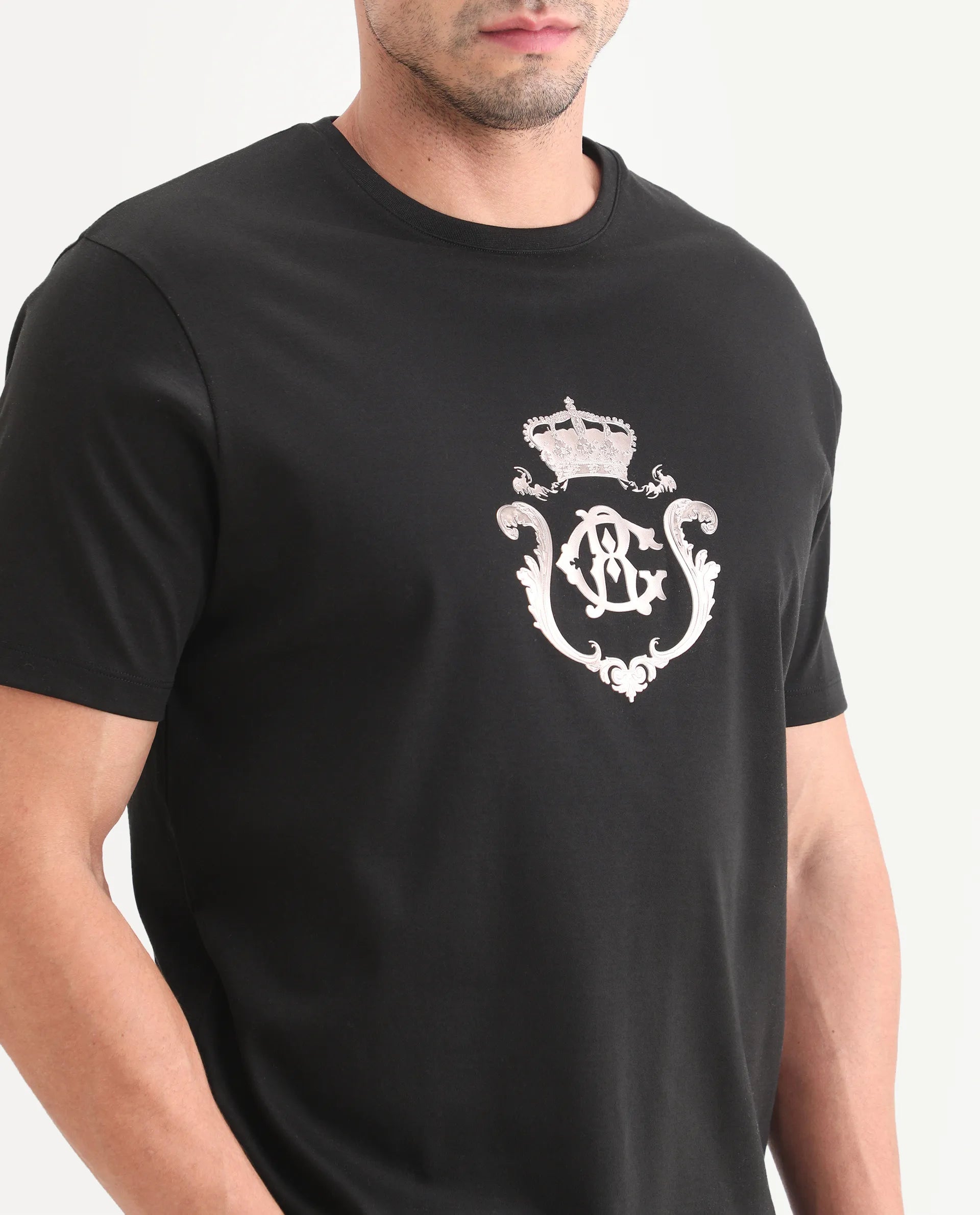 Rare Rabbit Men's Fein Black Cotton Fabric Half Sleeve Crew Neck Regular Fit Graphic Print T-Shirt
