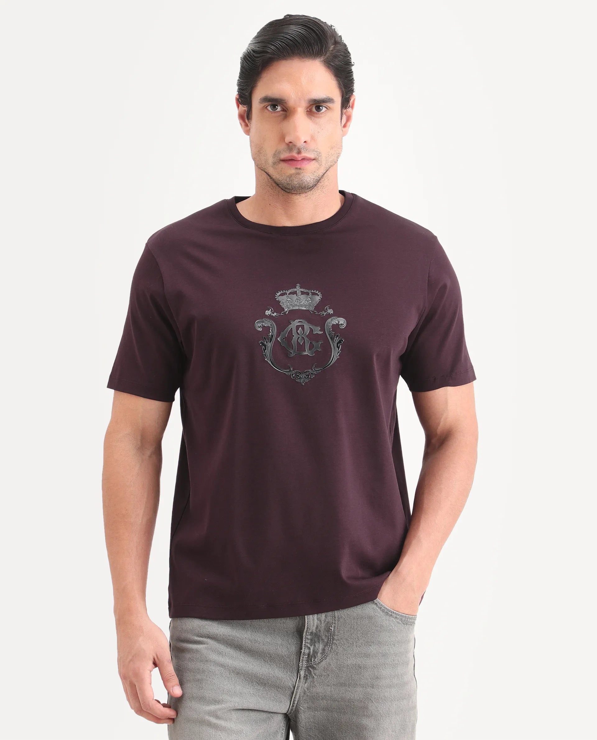 Rare Rabbit Men's Fein Maroon Cotton Fabric Half Sleeve Crew Neck Regular Fit Graphic Print T-Shirt