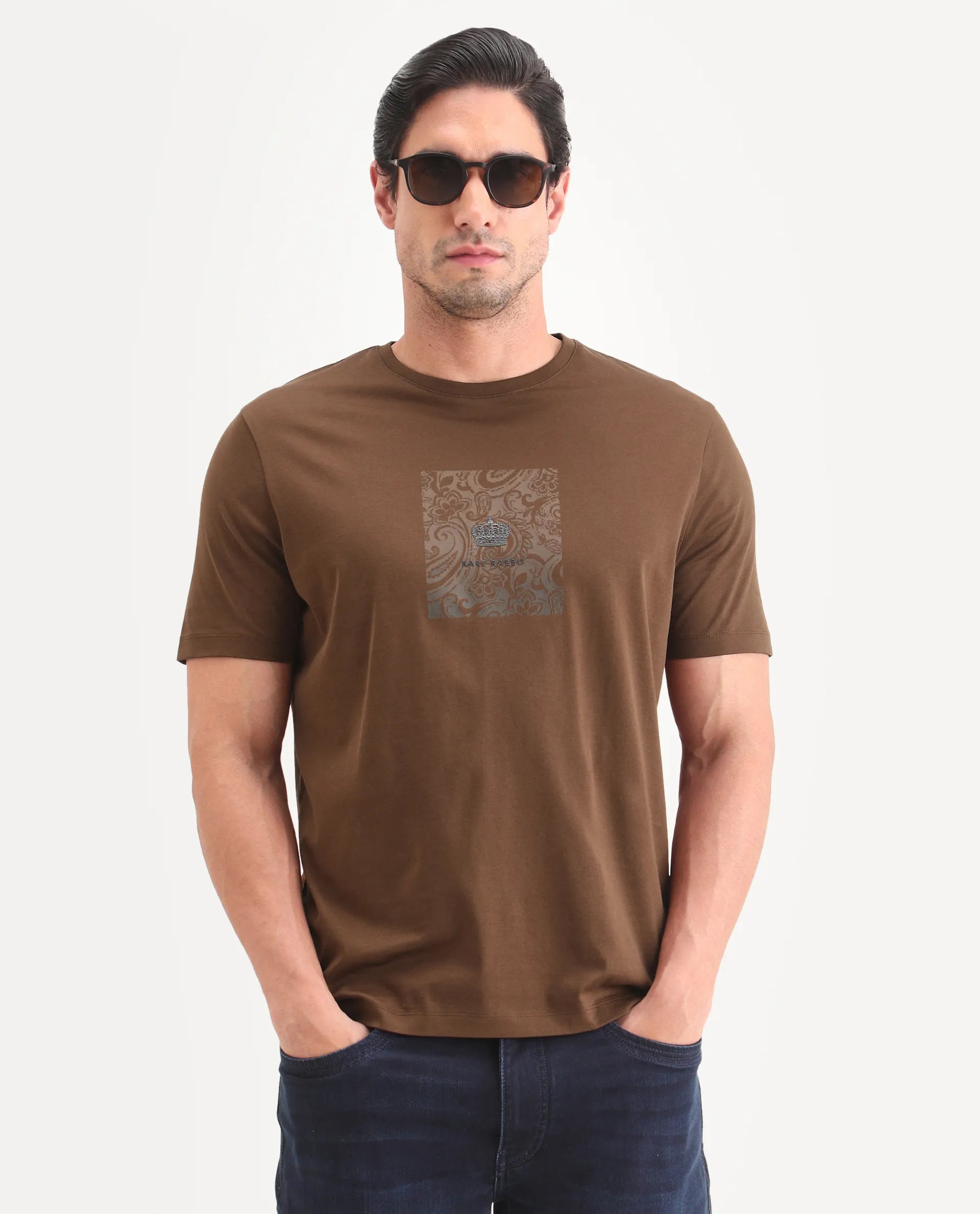 Rare Rabbit Men's Fiol Dusky Orange Cotton Fabric Half Sleeve Crew Neck Regular Fit Graphic Print T-Shirt