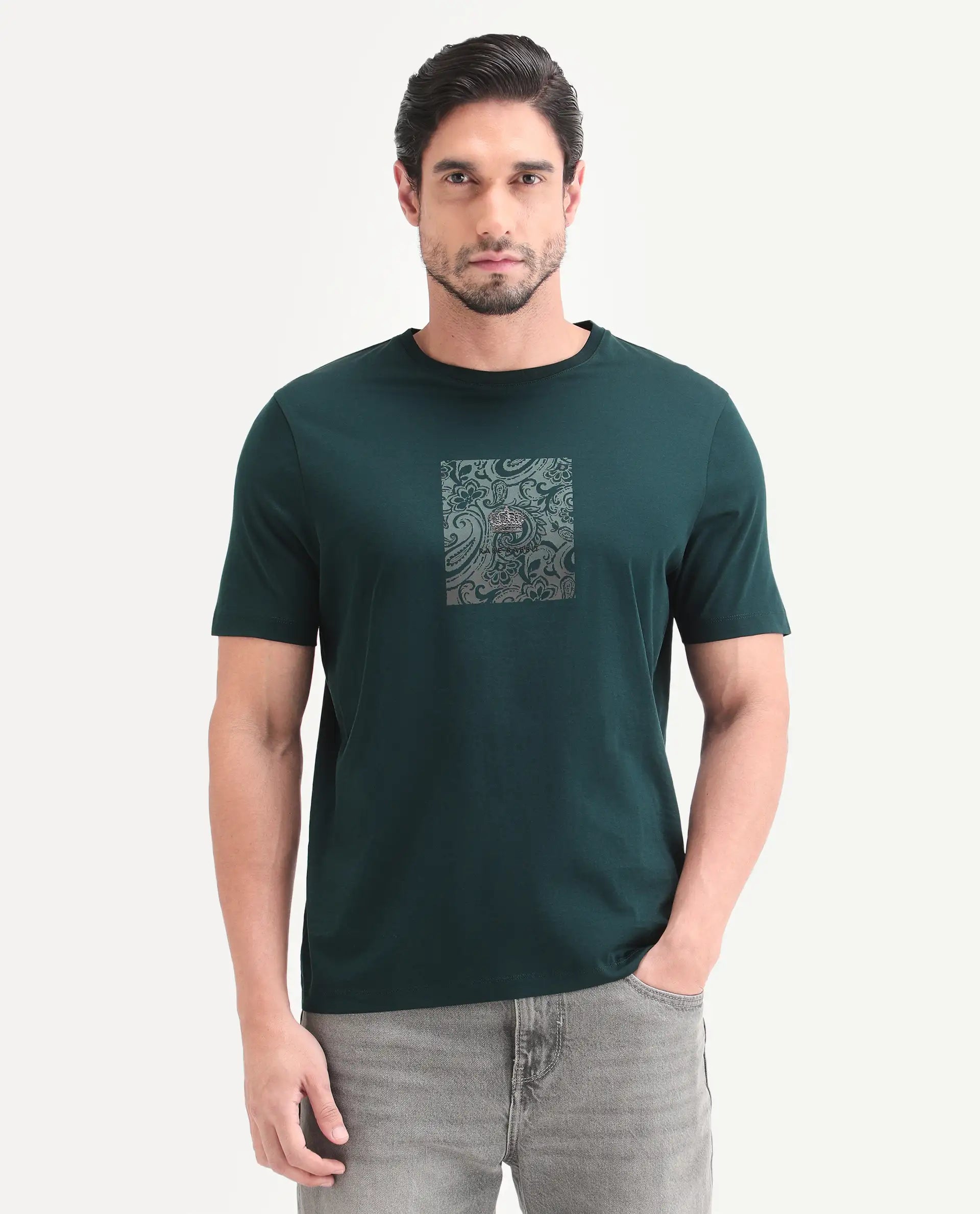 Rare Rabbit Men's Fiol Dark Green Cotton Fabric Half Sleeve Crew Neck Regular Fit Graphic Print T-Shirt