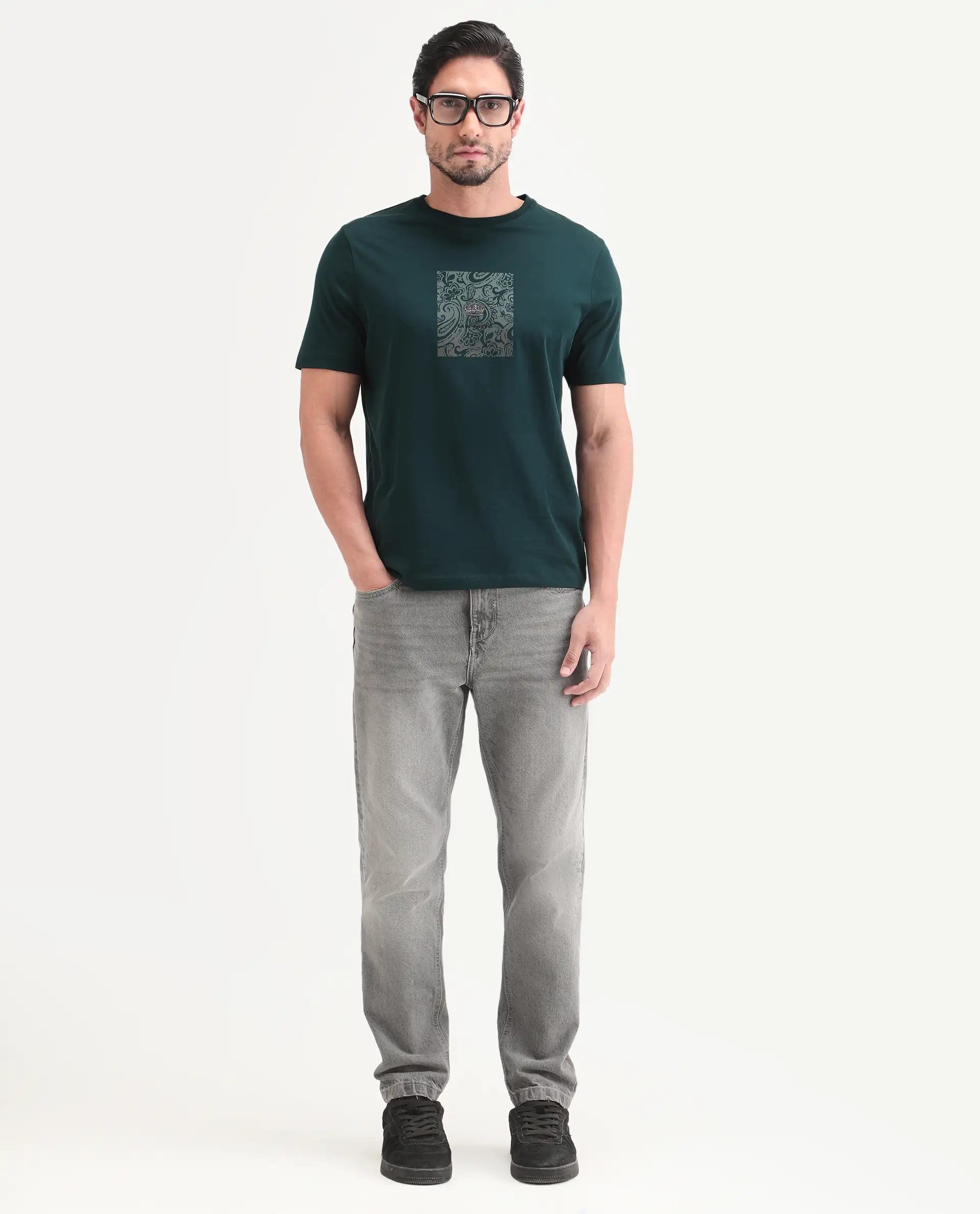 Rare Rabbit Men's Fiol Dark Green Cotton Fabric Half Sleeve Crew Neck Regular Fit Graphic Print T-Shirt
