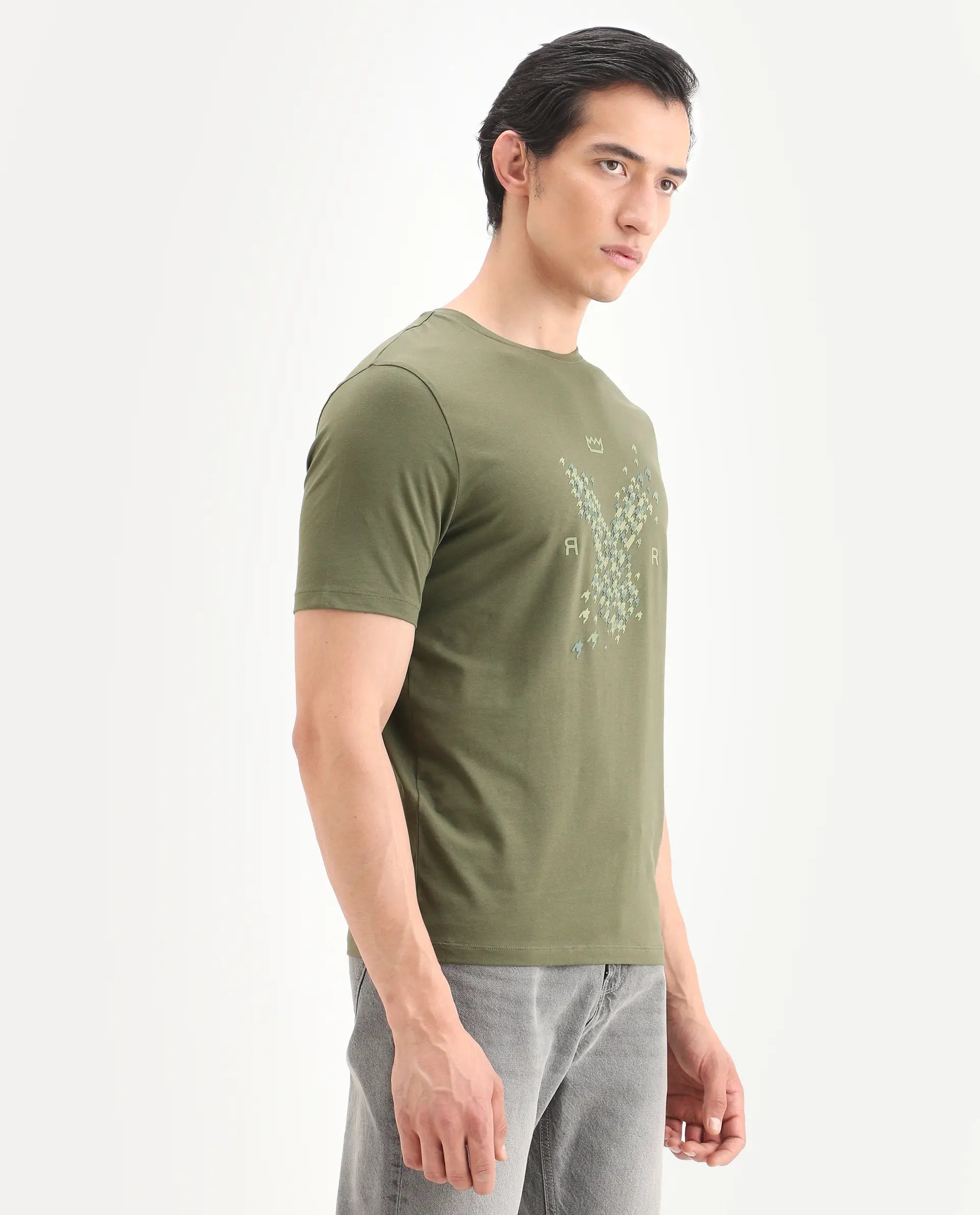 Rare Rabbit Men's Fle Olive Cotton Blend Fabric Half Sleeve Crew Neck Regular Fit Graphic Print T-Shirt