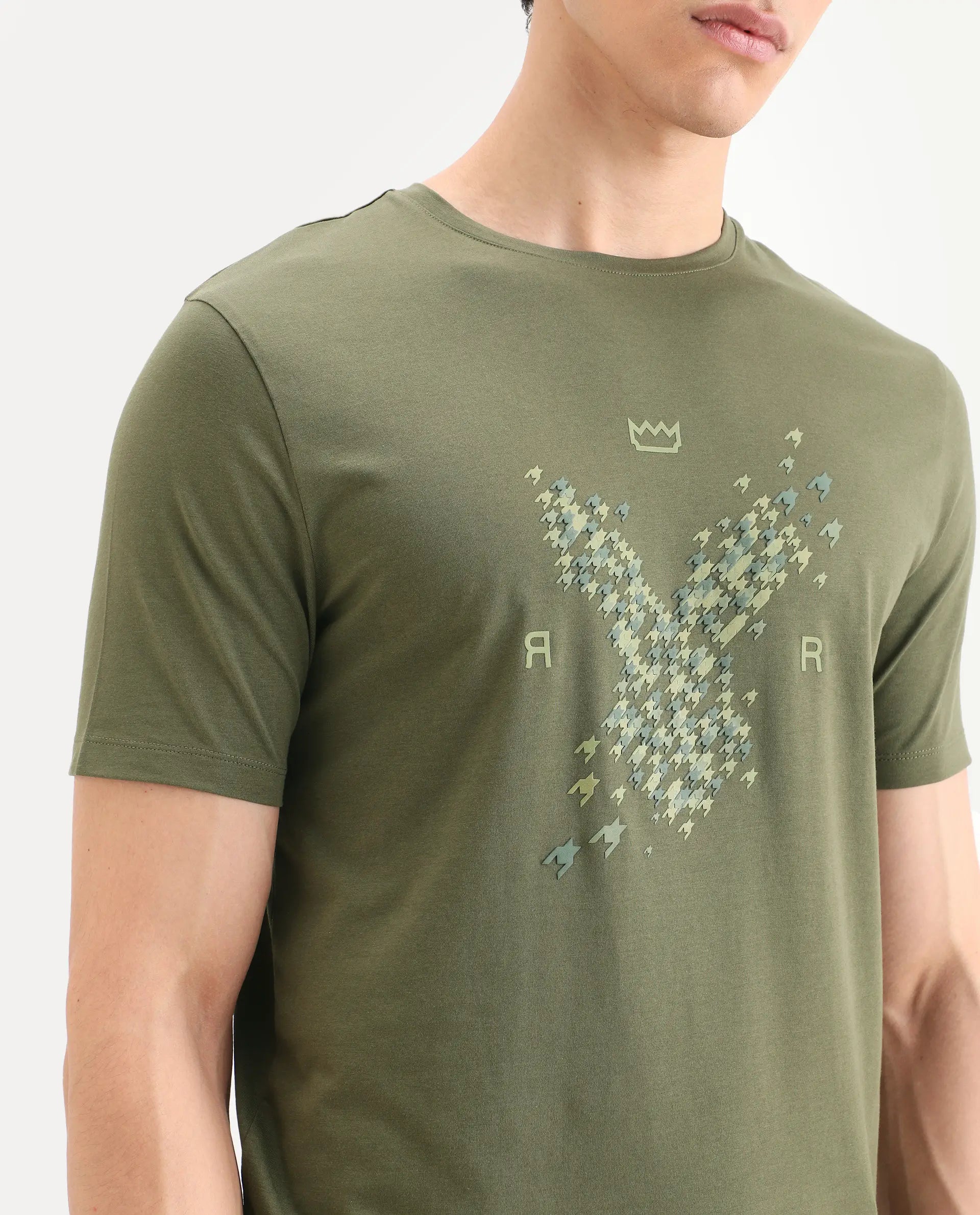 Rare Rabbit Men's Fle Olive Cotton Blend Fabric Half Sleeve Crew Neck Regular Fit Graphic Print T-Shirt