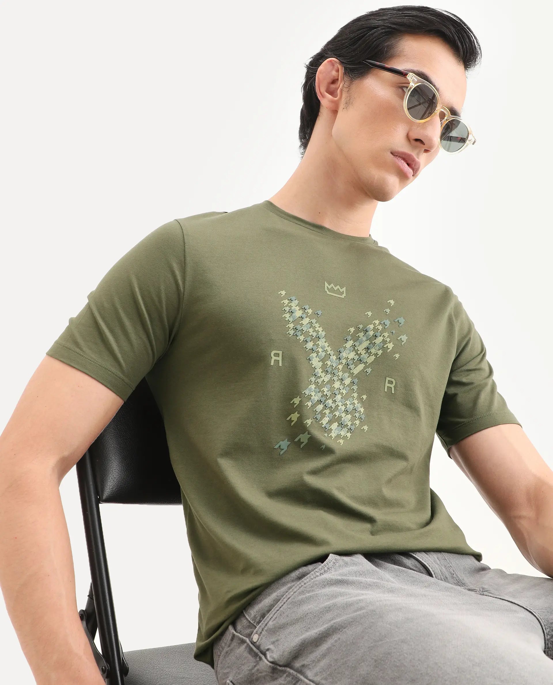 Rare Rabbit Men's Fle Olive Cotton Blend Fabric Half Sleeve Crew Neck Regular Fit Graphic Print T-Shirt