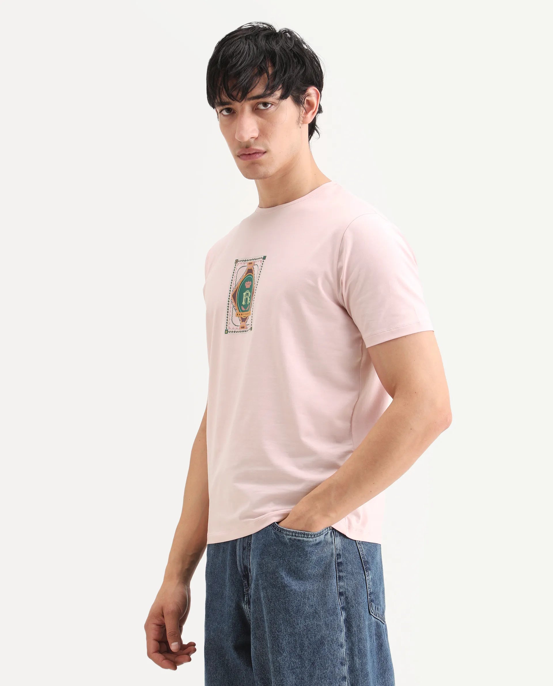 Rare Rabbit Men's Grit Light Pink Cotton Blend Fabric Half Sleeve Crew Neck Regular Fit Graphic Print T-Shirt