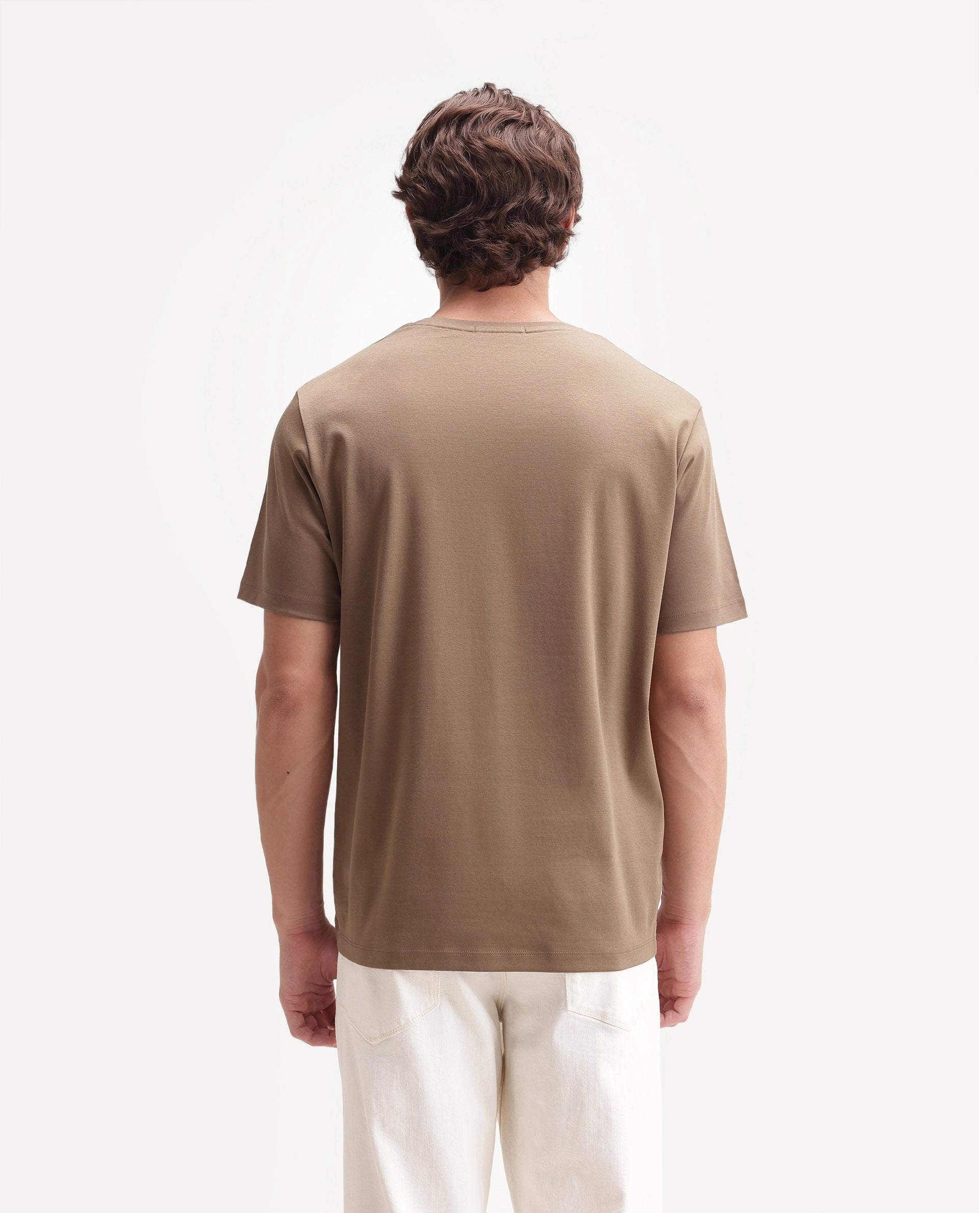 Rare Rabbit Men's Hill Beige Cotton Fabric Half Sleeve Crew Neck Regular Fit Plain T-Shirt