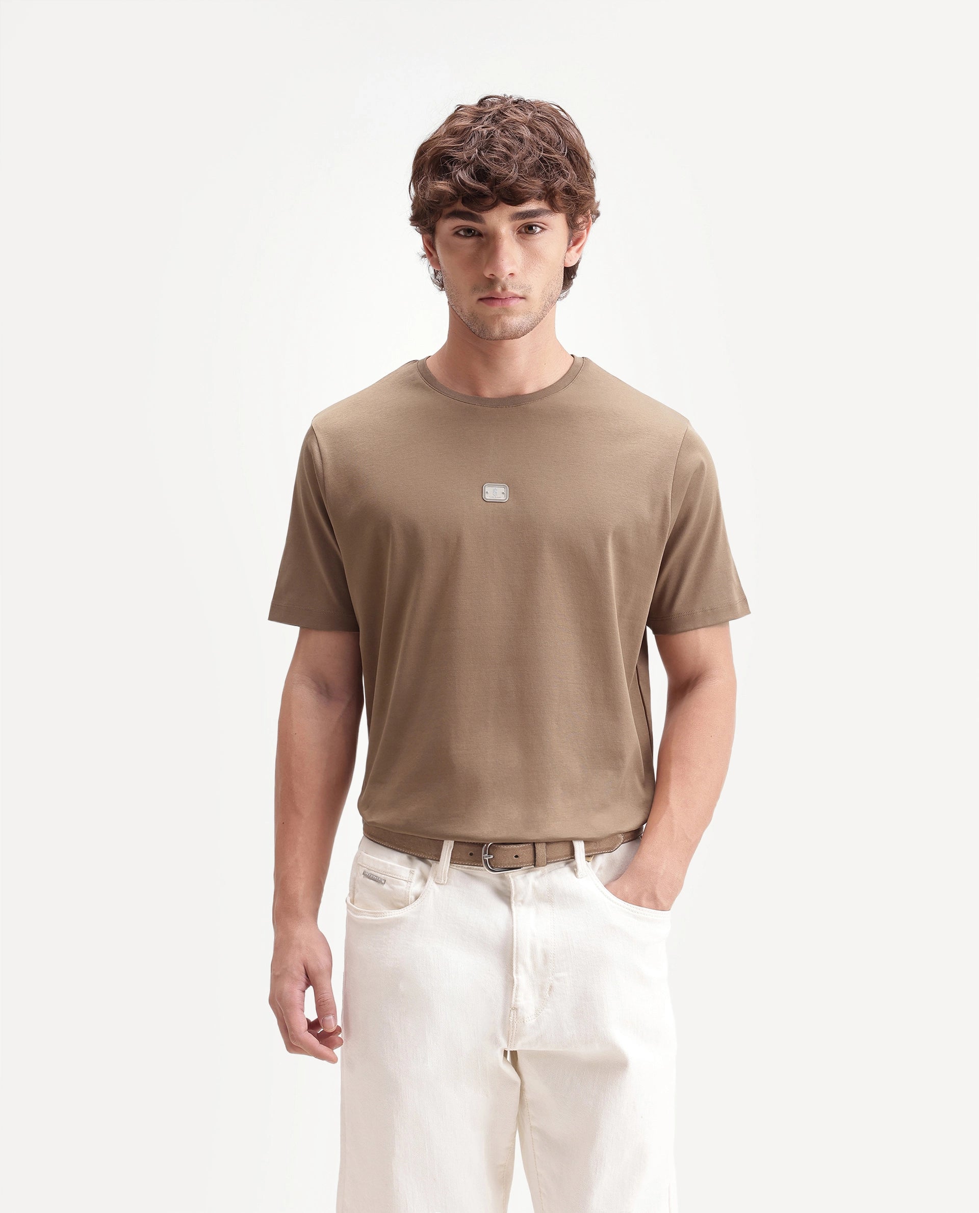 Rare Rabbit Men's Hill Beige Cotton Fabric Half Sleeve Crew Neck Regular Fit Plain T-Shirt