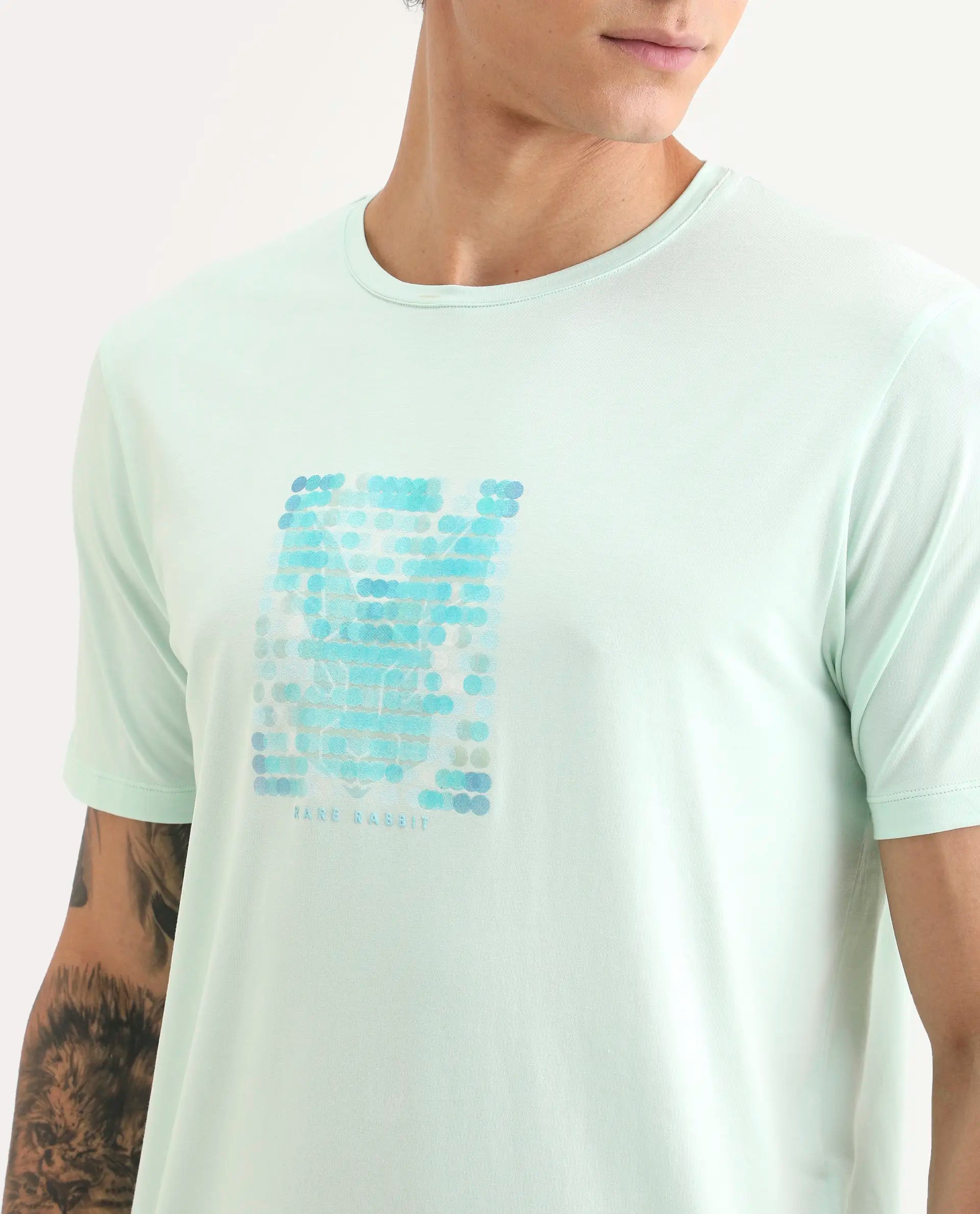 Rare Rabbit Men's Icy Pastel Green Cotton Blend Fabric Half Sleeve Crew Neck Regular Fit Graphic Print T-Shirt