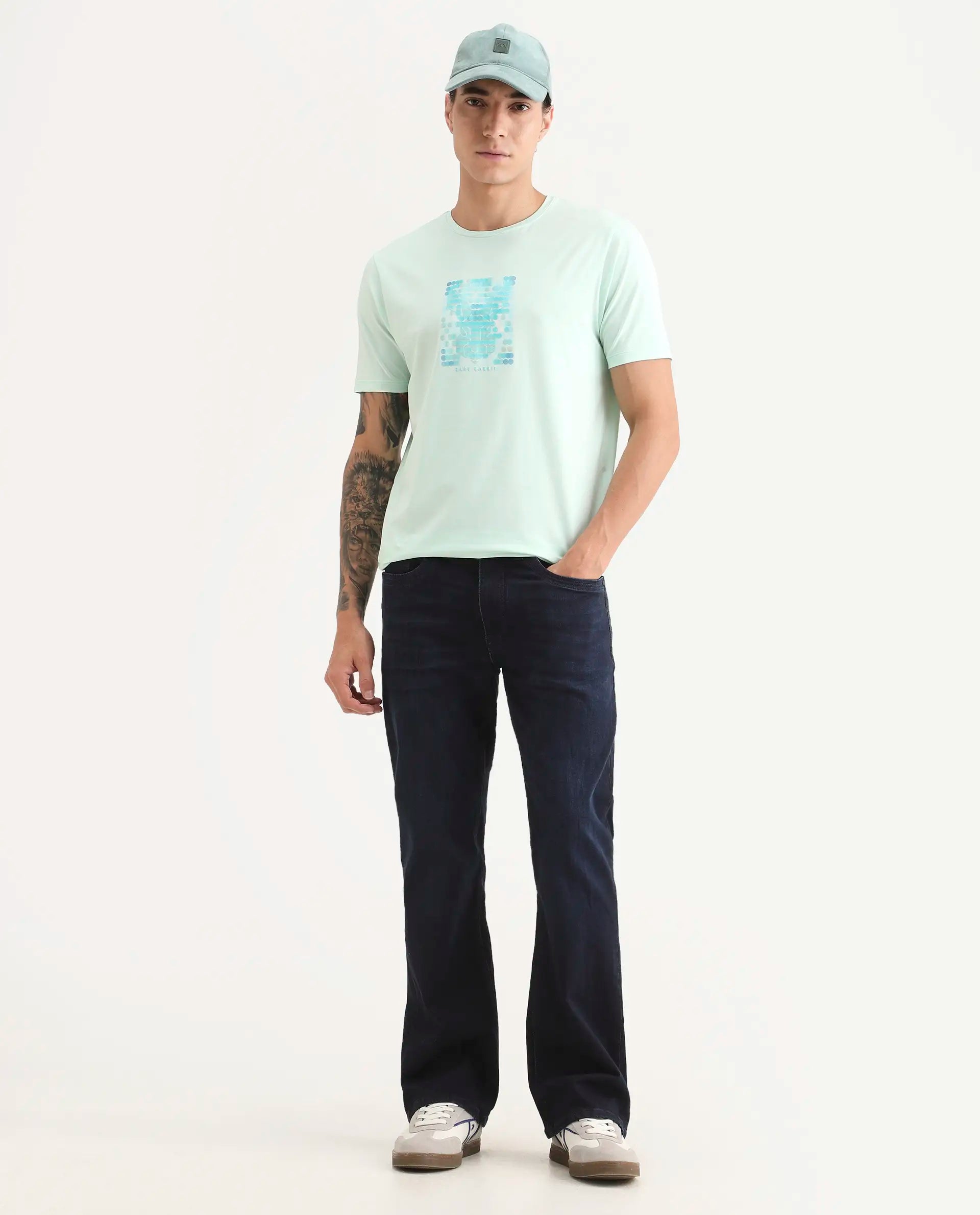 Rare Rabbit Men's Icy Pastel Green Cotton Blend Fabric Half Sleeve Crew Neck Regular Fit Graphic Print T-Shirt