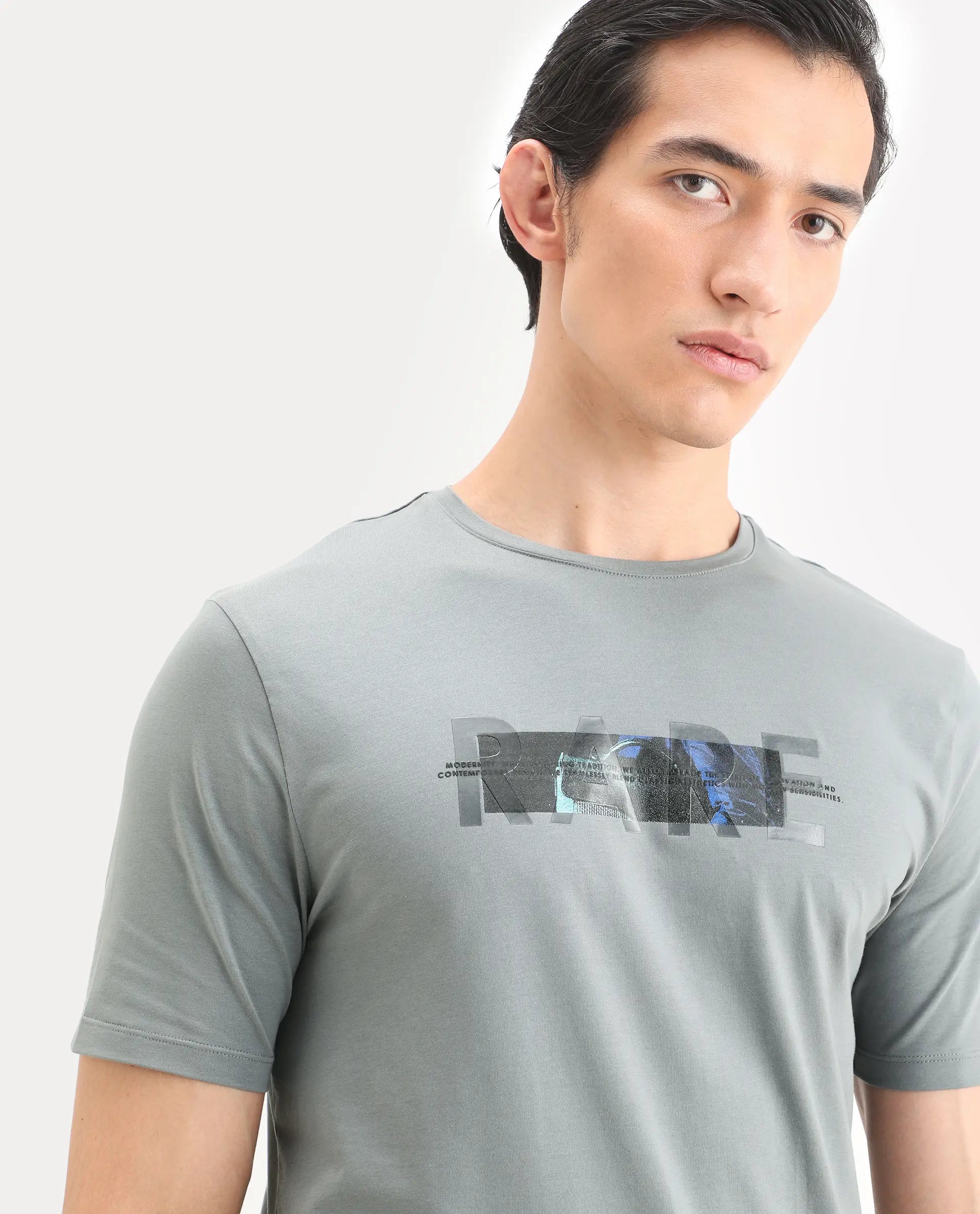 Rare Rabbit Men's Jaars Dark Grey Cotton Blend Fabric Half Sleeve Crew Neck Regular Fit Graphic Print T-Shirt
