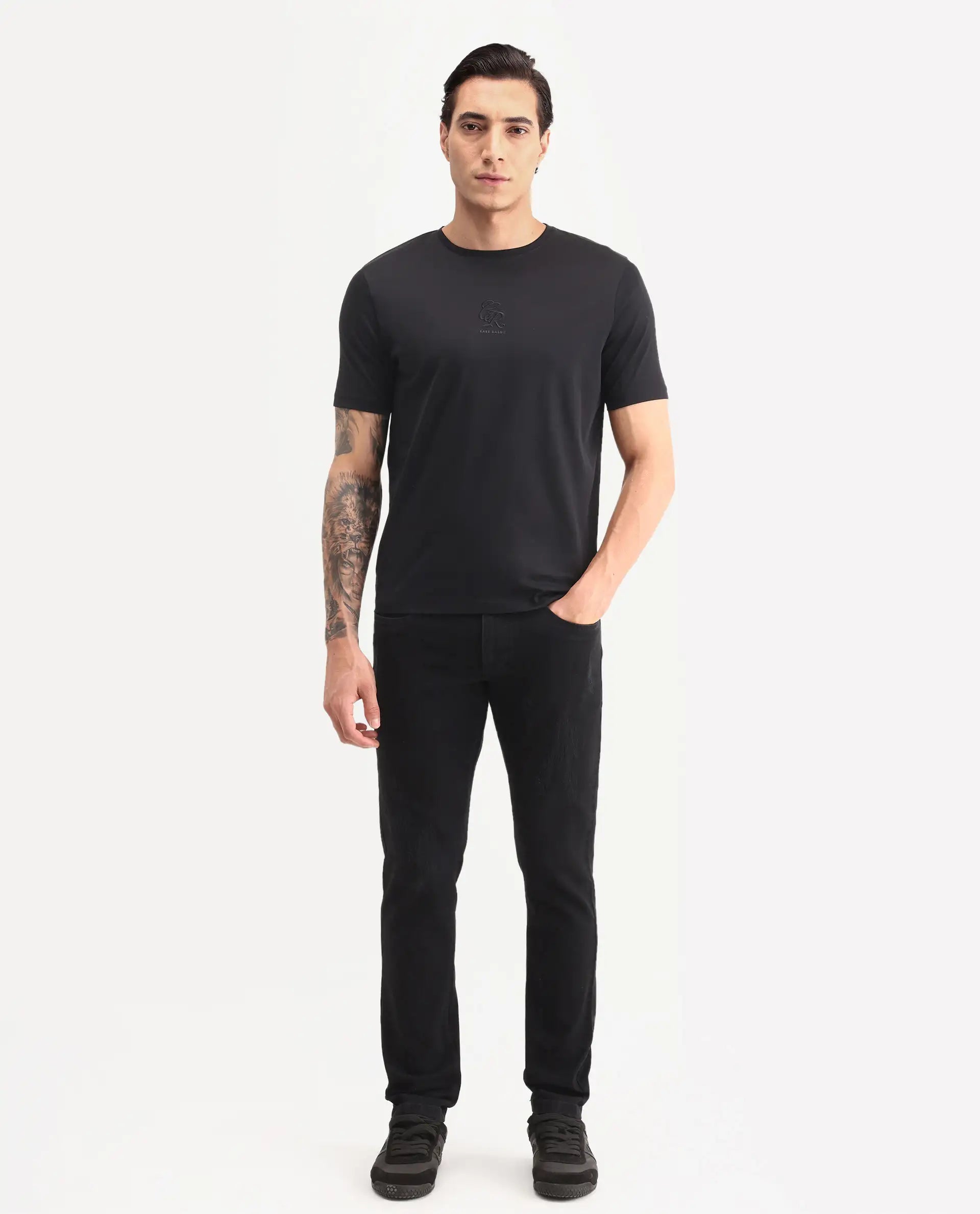 Rare Rabbit Men's Astra Bh Black Cotton Blend Fabric Shank And Zipper Hawk Slim Plain Jeans