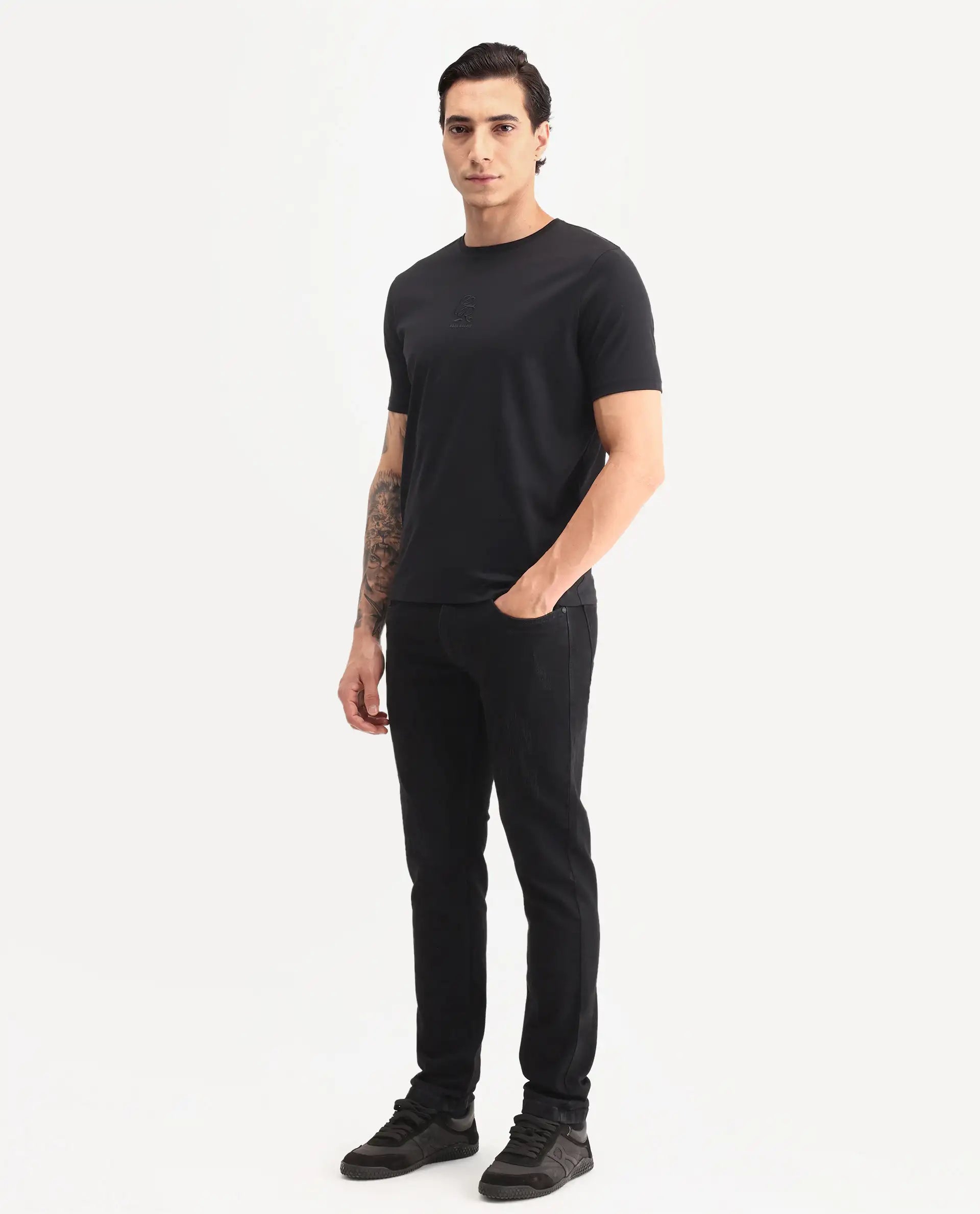 Rare Rabbit Men's Astra Bh Black Cotton Blend Fabric Shank And Zipper Hawk Slim Plain Jeans