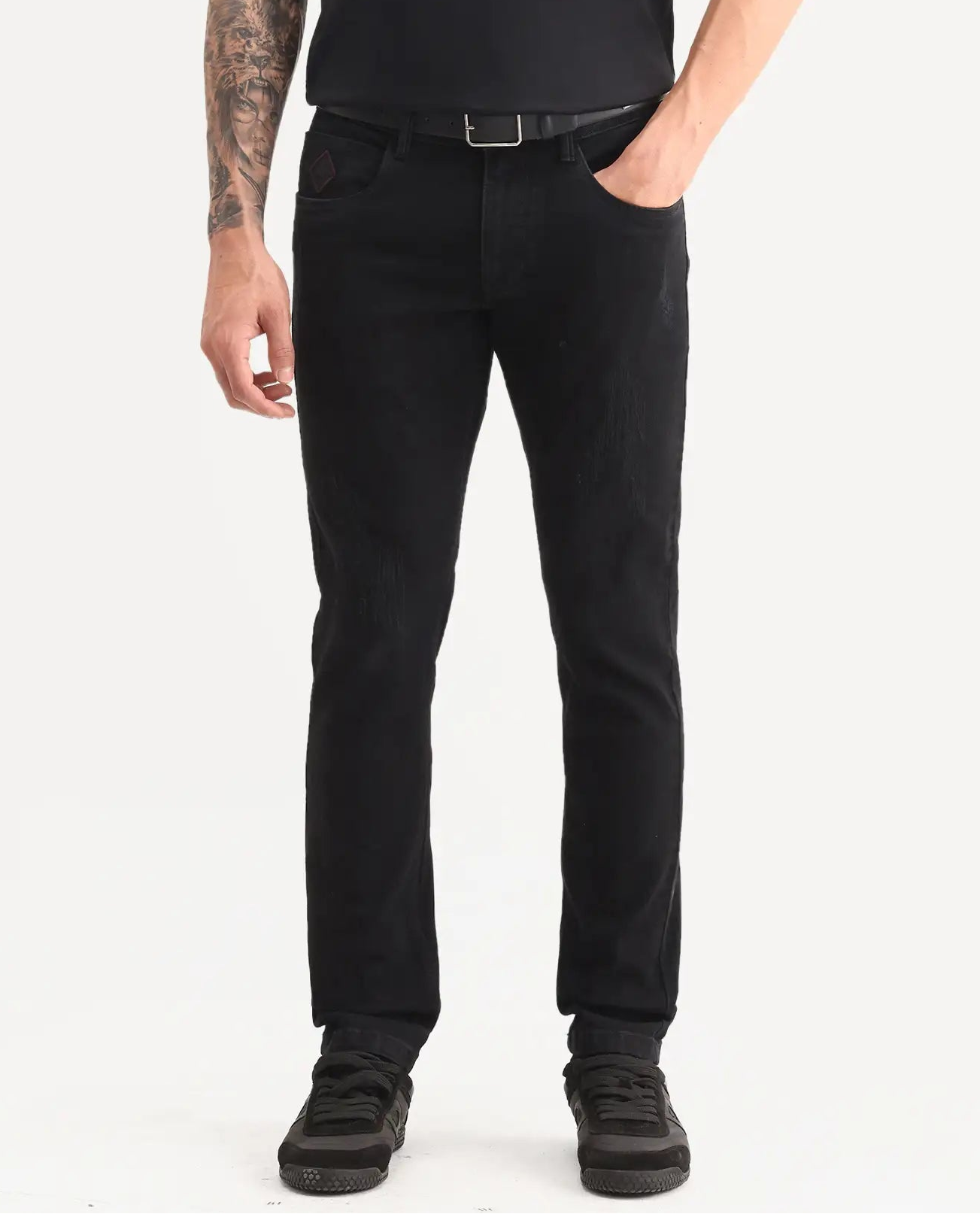 Rare Rabbit Men's Astra Bh Black Cotton Blend Fabric Shank And Zipper Hawk Slim Plain Jeans
