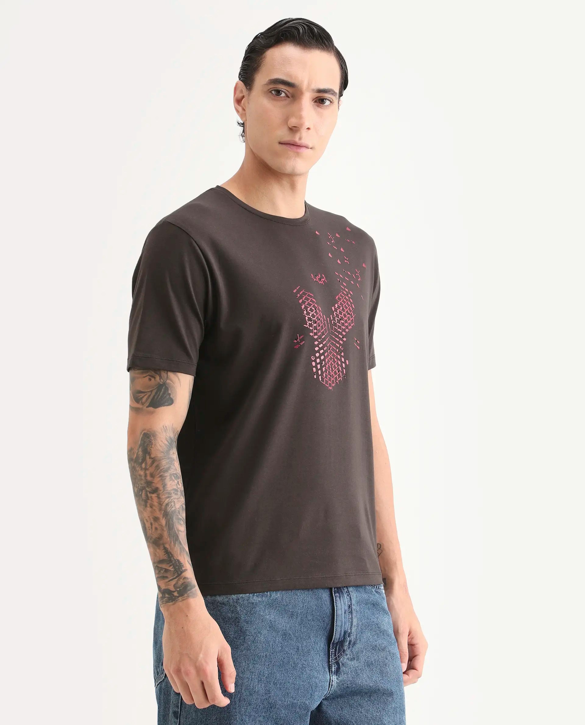 Rare Rabbit Men's Kast Dusky Brown Cotton Blend Fabric Half Sleeve Crew Neck Regular Fit Graphic Print T-Shirt