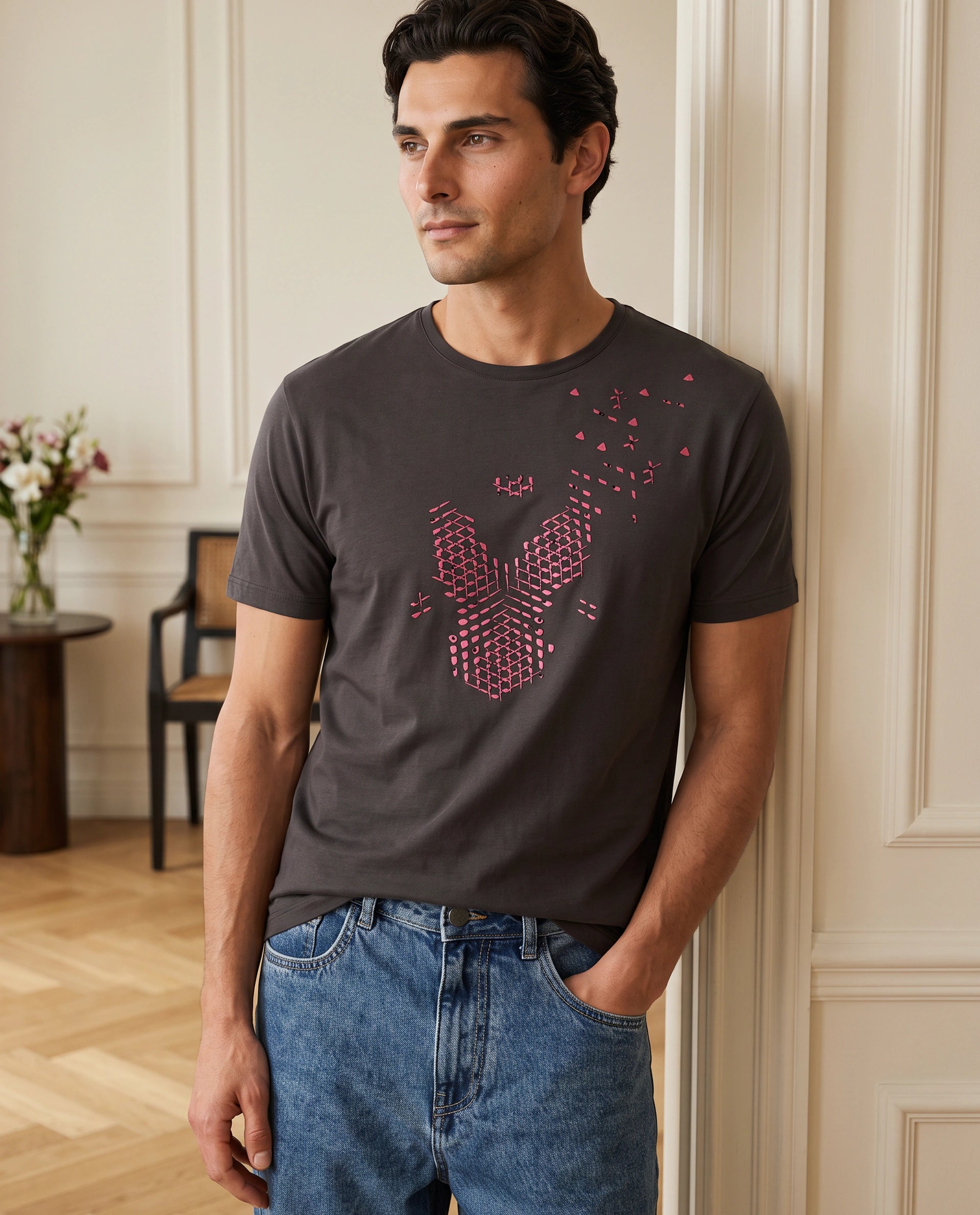 Rare Rabbit Men's Kast Dusky Brown Cotton Blend Fabric Half Sleeve Crew Neck Regular Fit Graphic Print T-Shirt