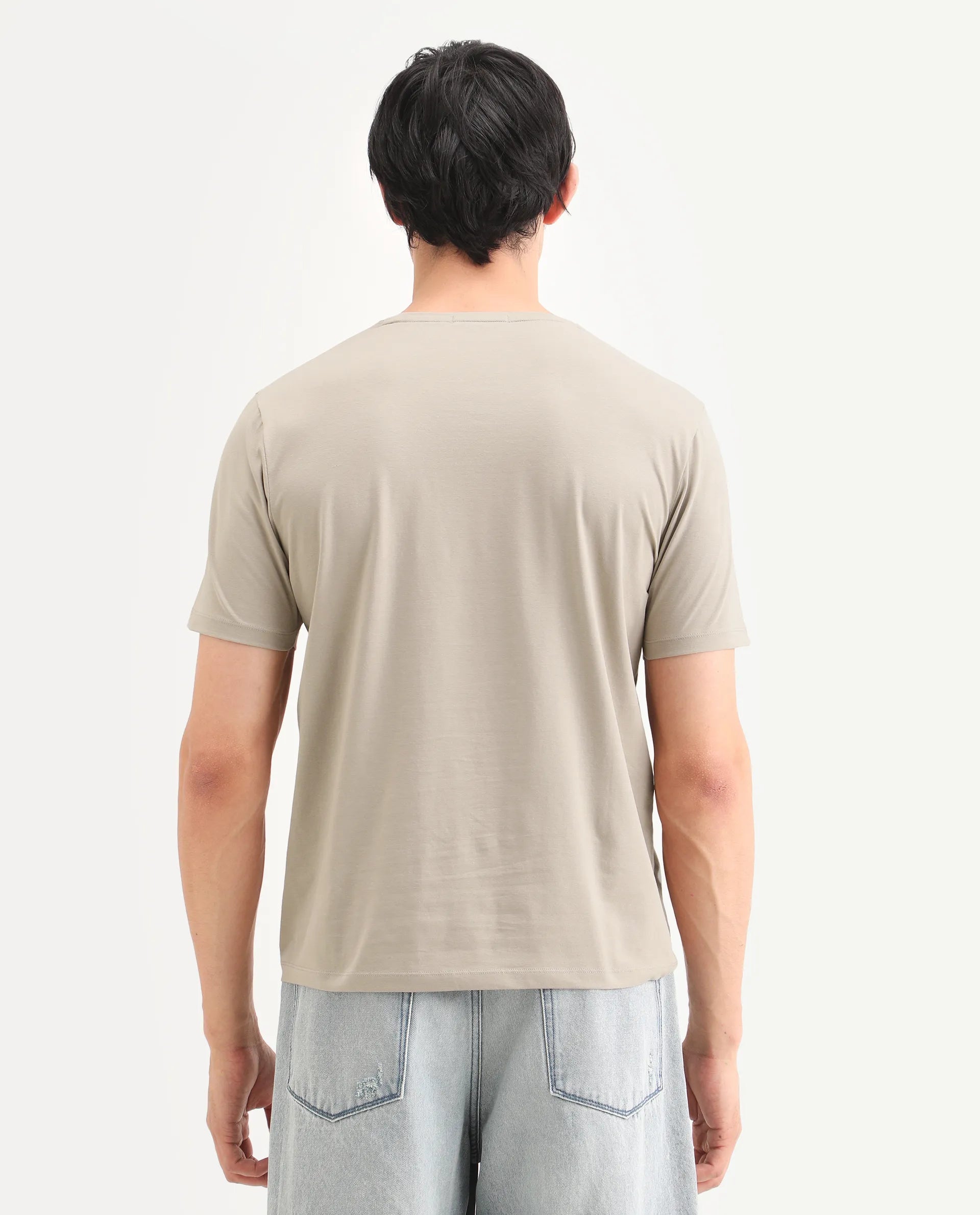Rare Rabbit Men's Kloz Dusky Beige Cotton Blend Fabric Half Sleeve Crew Neck Regular Fit Graphic Print T-Shirt
