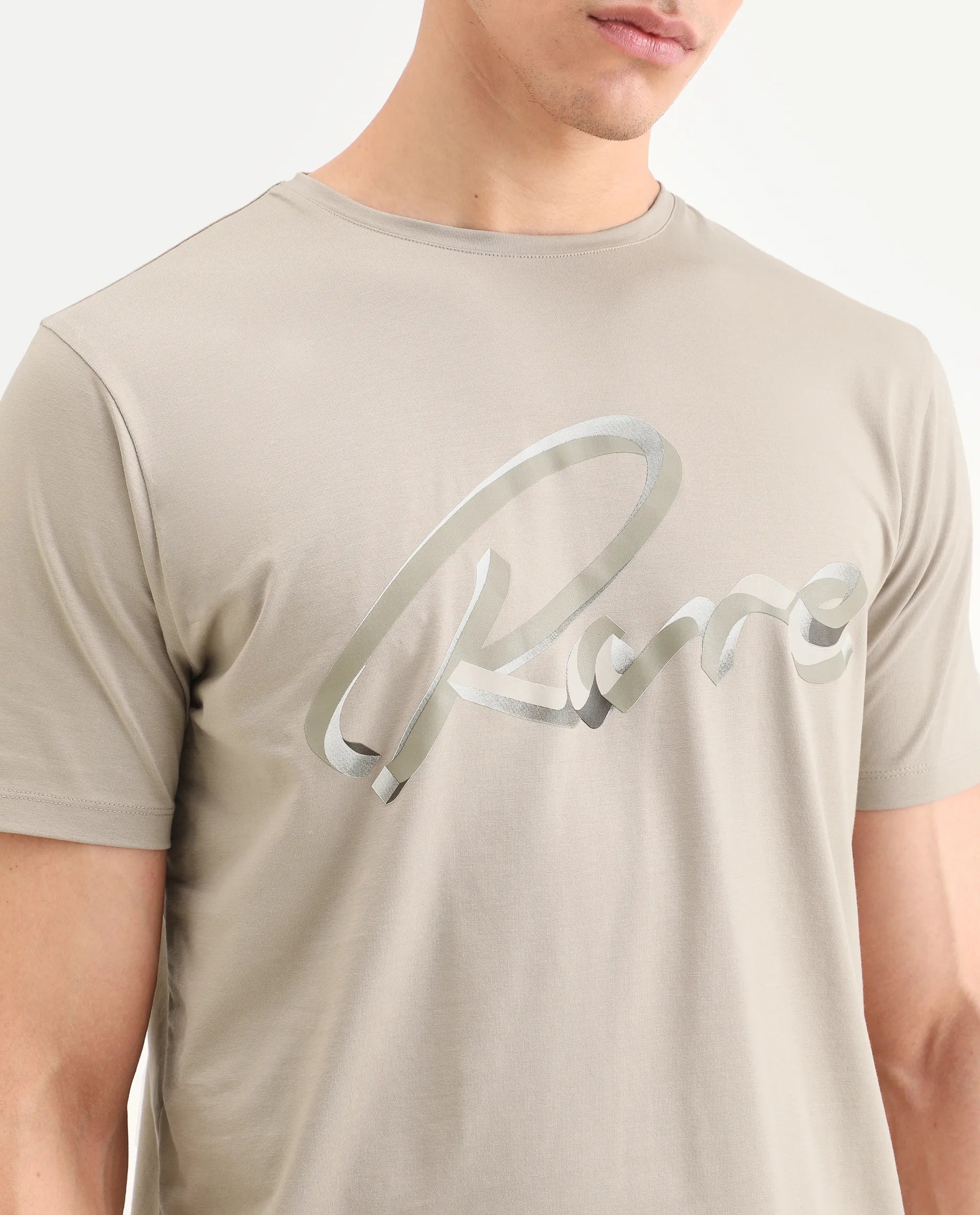 Rare Rabbit Men's Kloz Dusky Beige Cotton Blend Fabric Half Sleeve Crew Neck Regular Fit Graphic Print T-Shirt