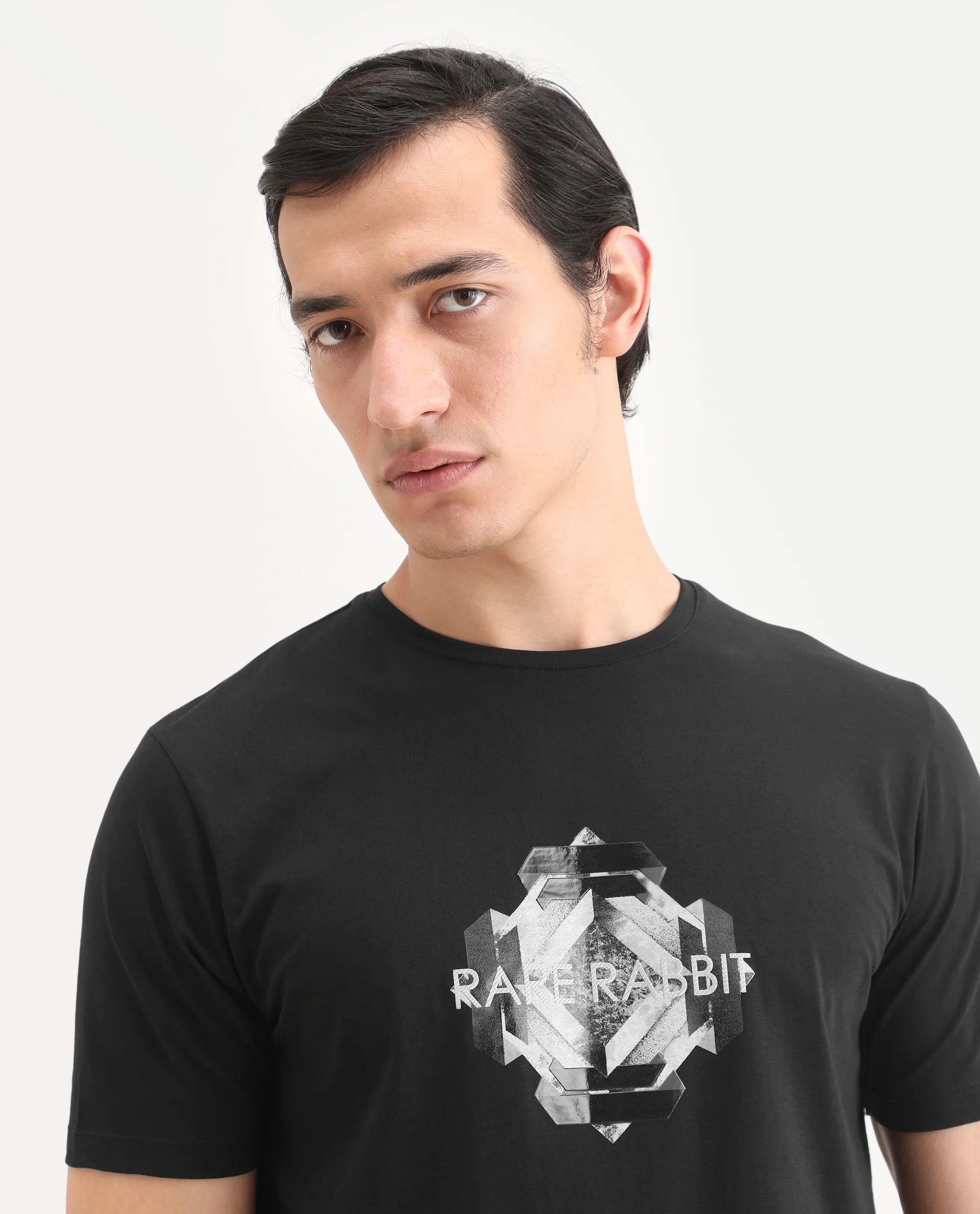 Rare Rabbit Men's Kuho Black Cotton Blend Fabric Half Sleeve Crew Neck Regular Fit Graphic Print T-Shirt
