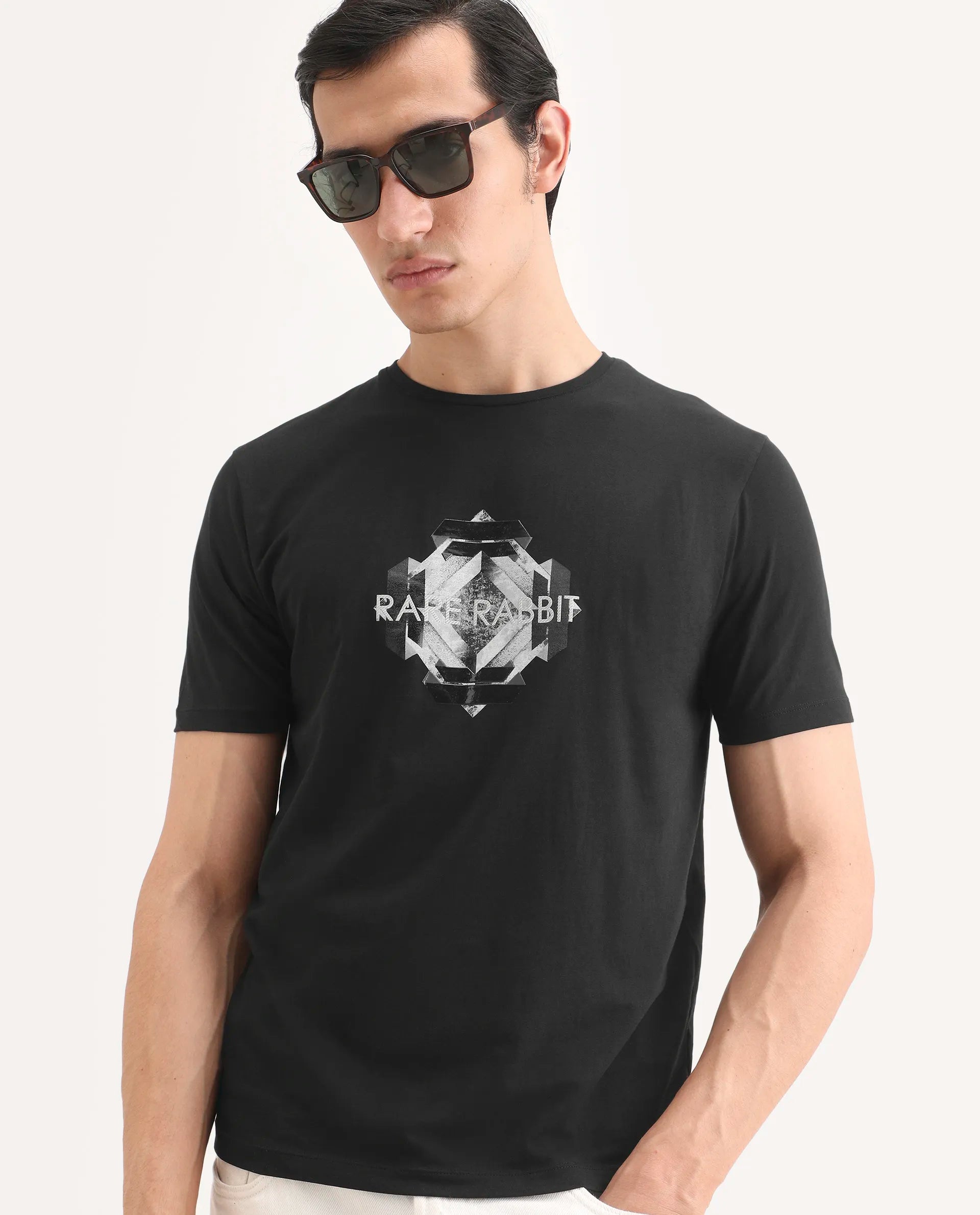 Rare Rabbit Men's Kuho Black Cotton Blend Fabric Half Sleeve Crew Neck Regular Fit Graphic Print T-Shirt