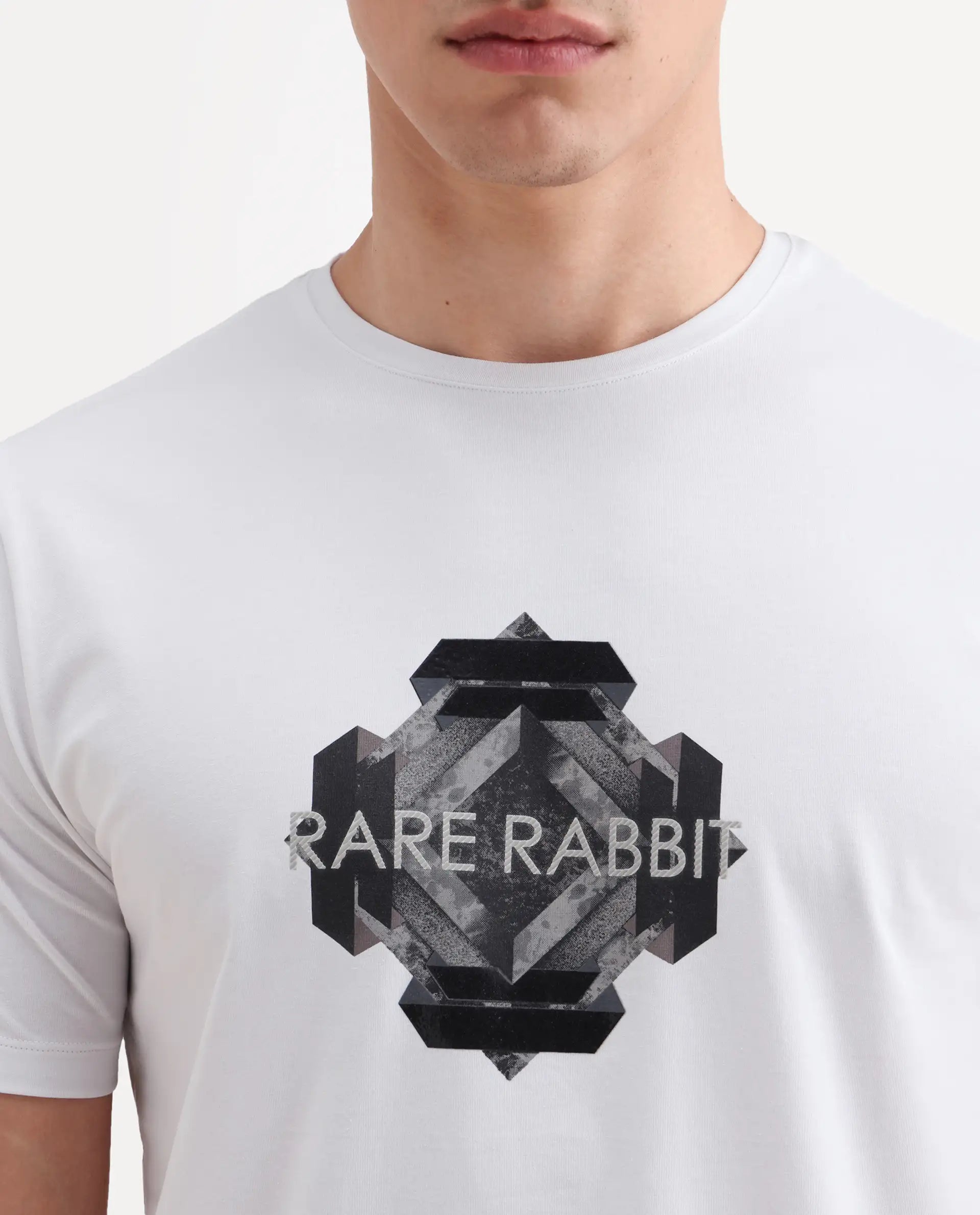 Rare Rabbit Men's Kuho White Cotton Blend Fabric Half Sleeve Crew Neck Regular Fit Graphic Print T-Shirt