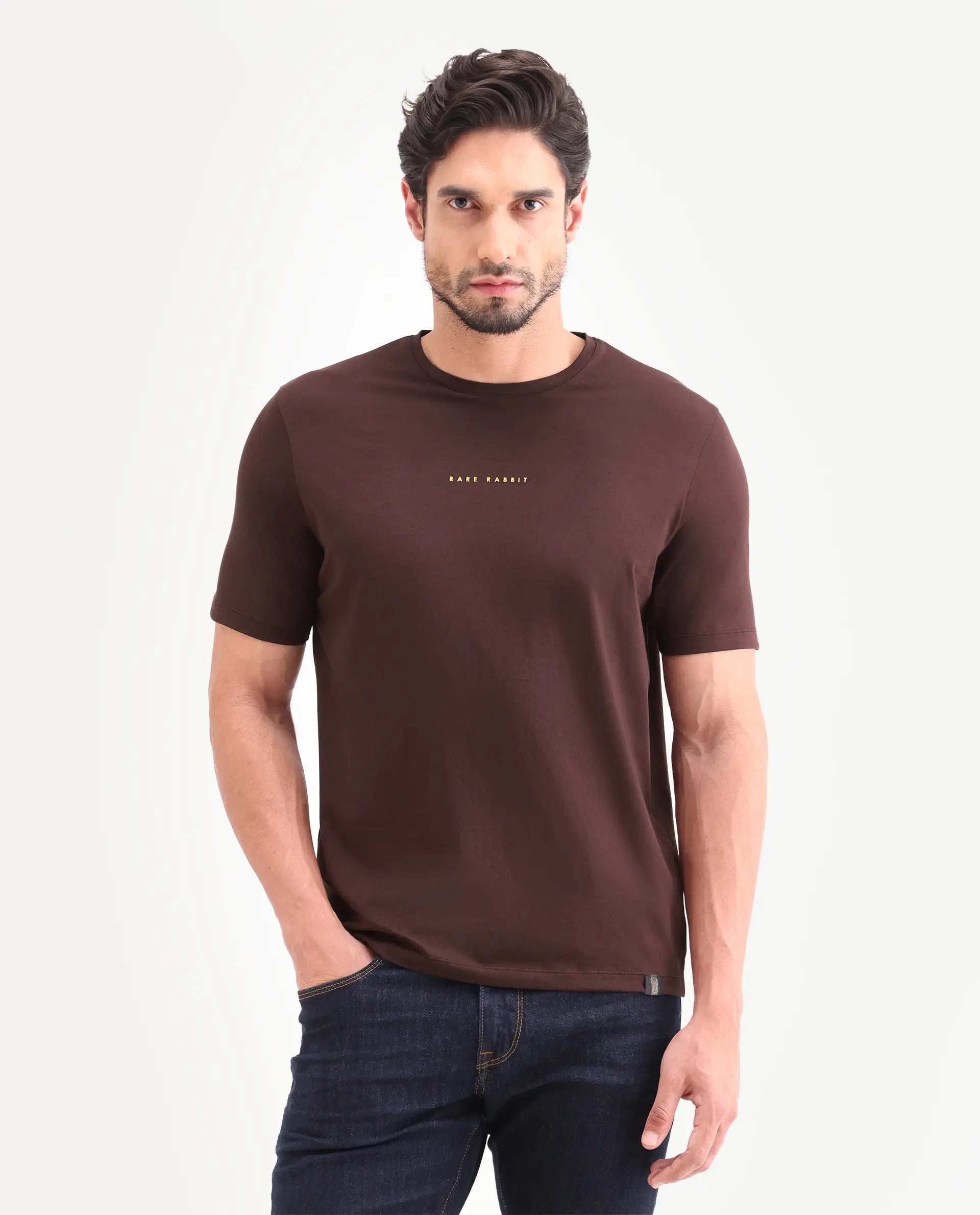 Rare Rabbit Men's Rabbit-26 Dark Brown Cotton Blend Fabric Half Sleeve Crew Neck Regular Fit Graphic Print T-Shirt