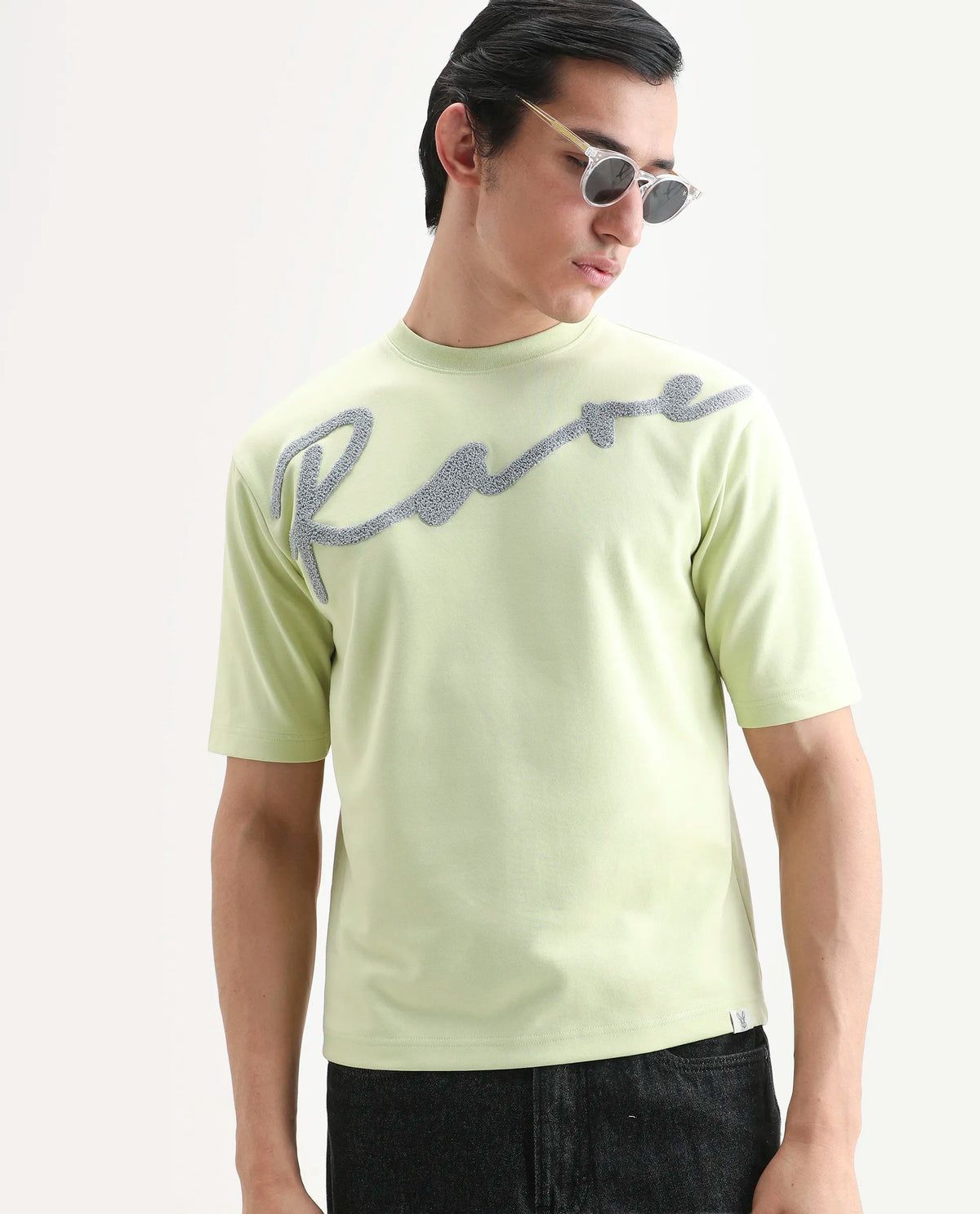 Rare Rabbit Men's Lerc-S26 Flouroscent Yellow Cotton Blend Fabric Half Sleeve Crew Neck Oversize Embroidered T-Shirt