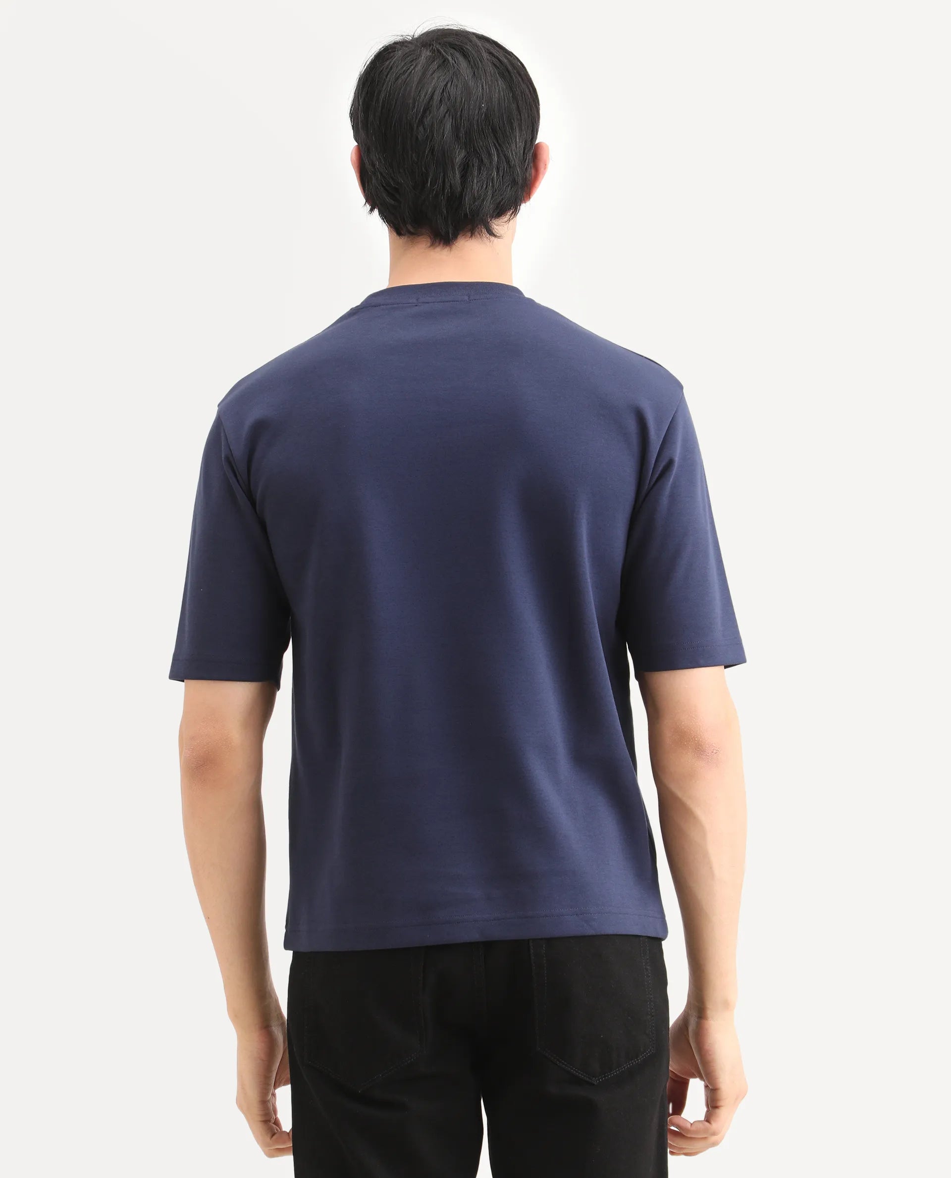 Rare Rabbit Men's Lort Dusky Navy Cotton Blend Fabric Half Sleeve Crew Neck Oversize Embroidered T-Shirt
