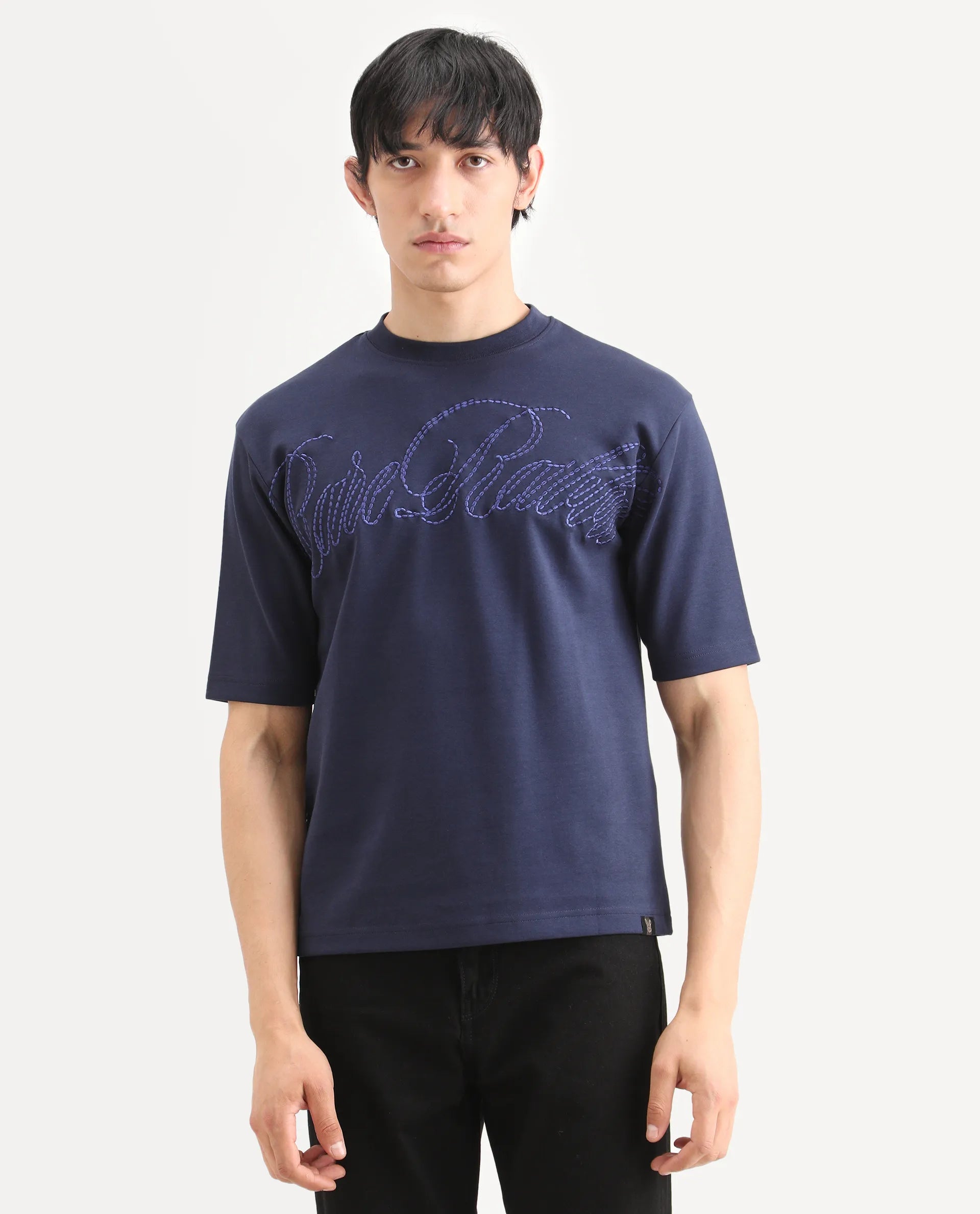 Rare Rabbit Men's Lort Dusky Navy Cotton Blend Fabric Half Sleeve Crew Neck Oversize Embroidered T-Shirt
