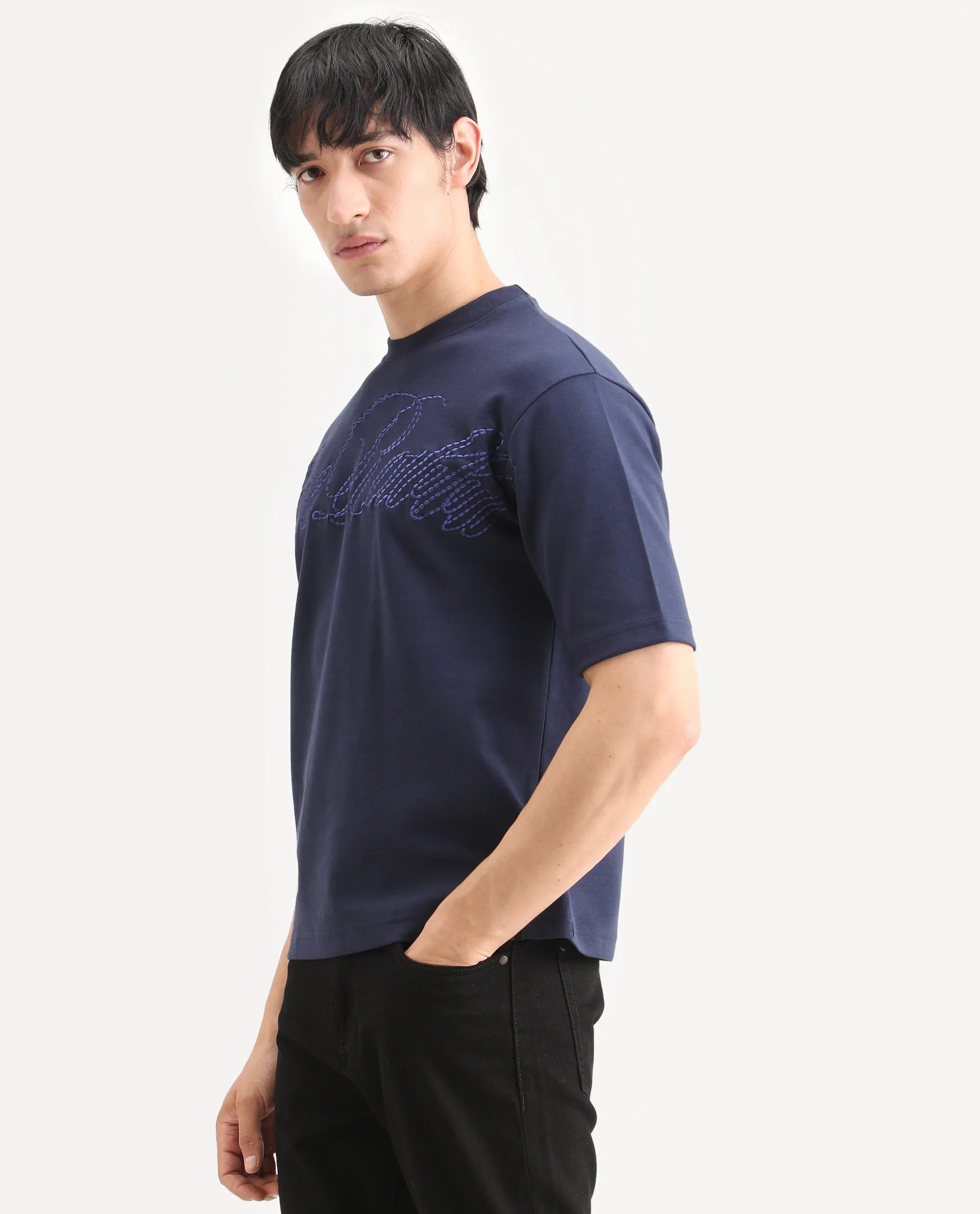 Rare Rabbit Men's Lort Dusky Navy Cotton Blend Fabric Half Sleeve Crew Neck Oversize Embroidered T-Shirt