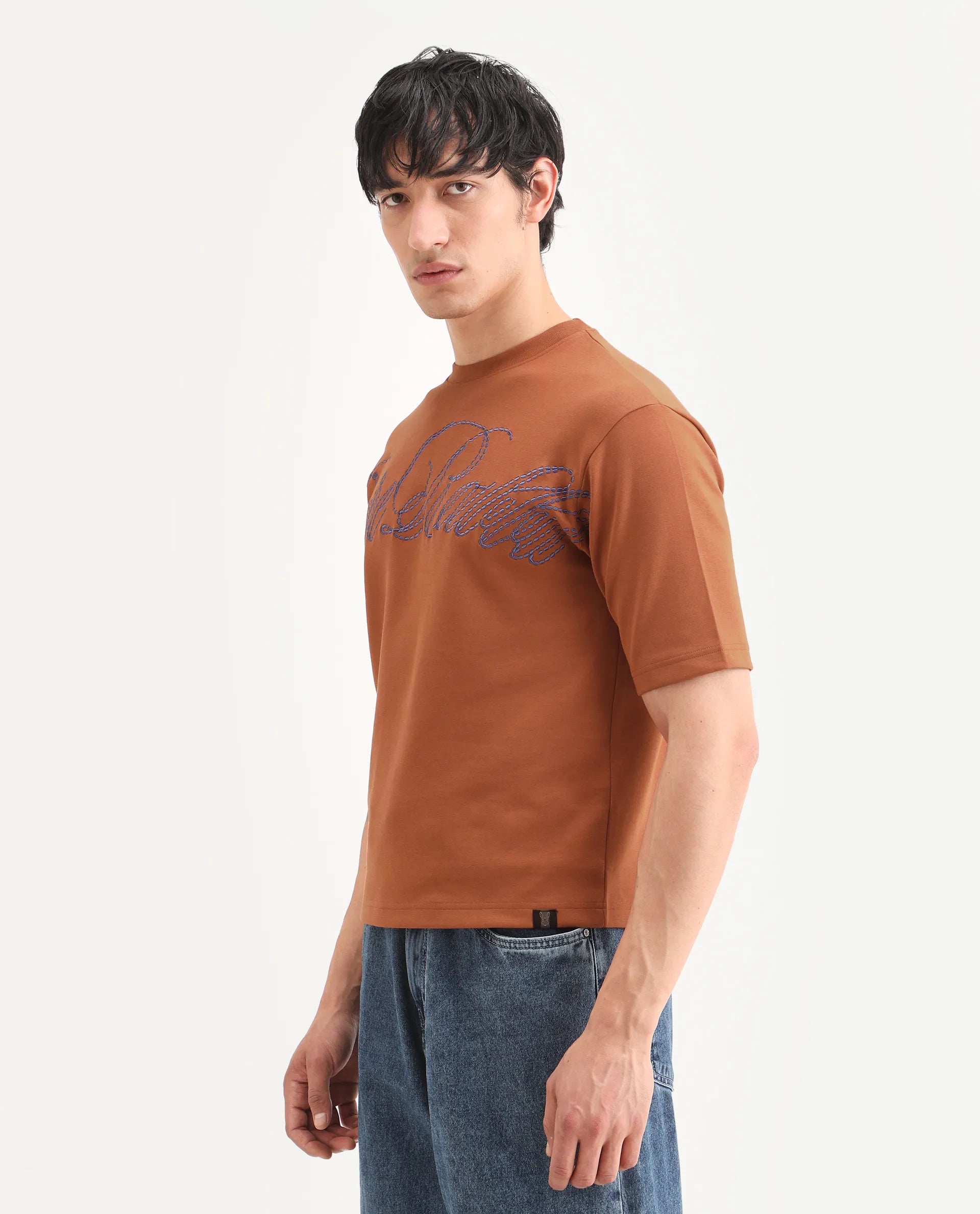 Rare Rabbit Men's Lort Dark Orange Cotton Blend Fabric Half Sleeve Crew Neck Oversize Embroidered T-Shirt