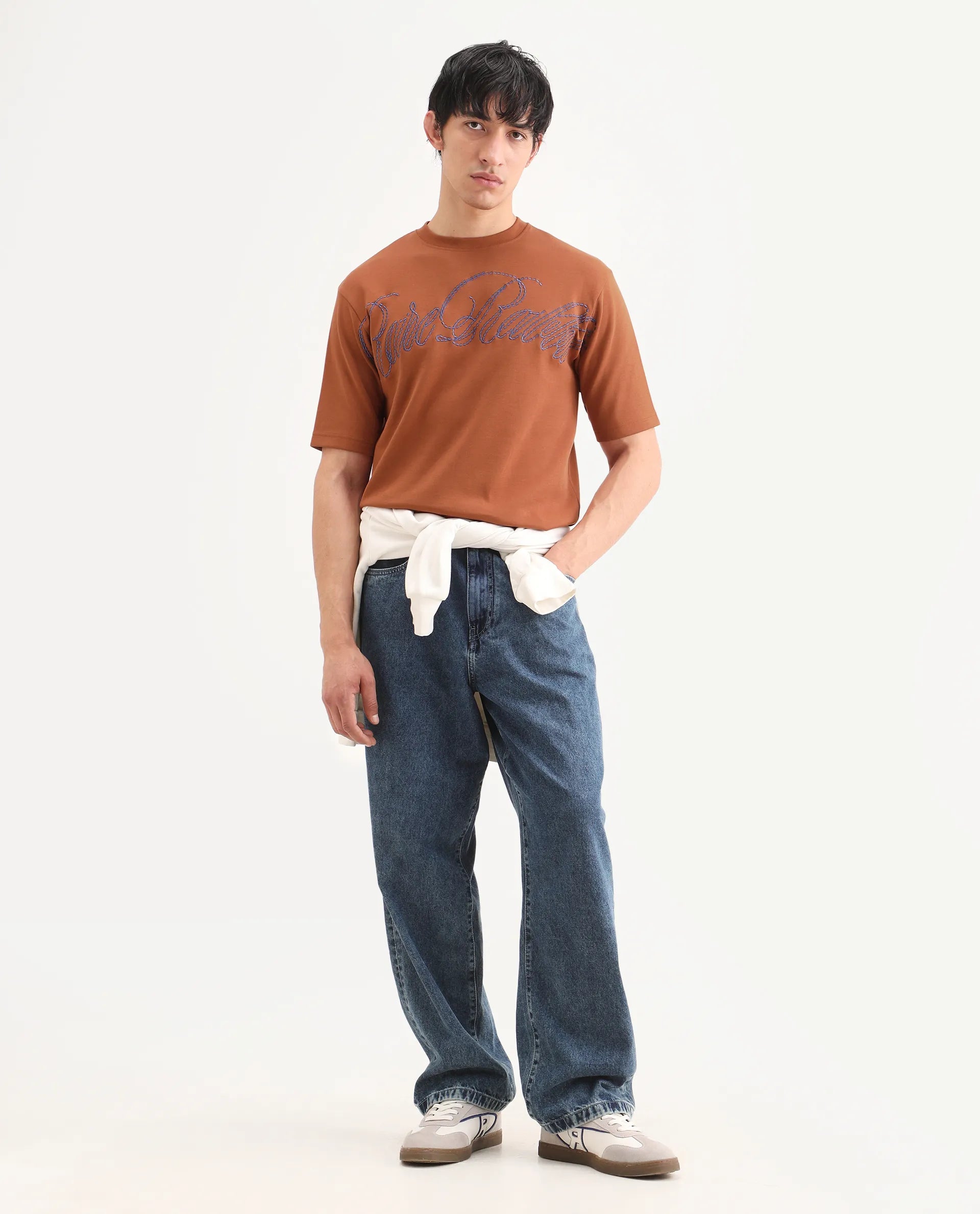 Rare Rabbit Men's Lort Dark Orange Cotton Blend Fabric Half Sleeve Crew Neck Oversize Embroidered T-Shirt