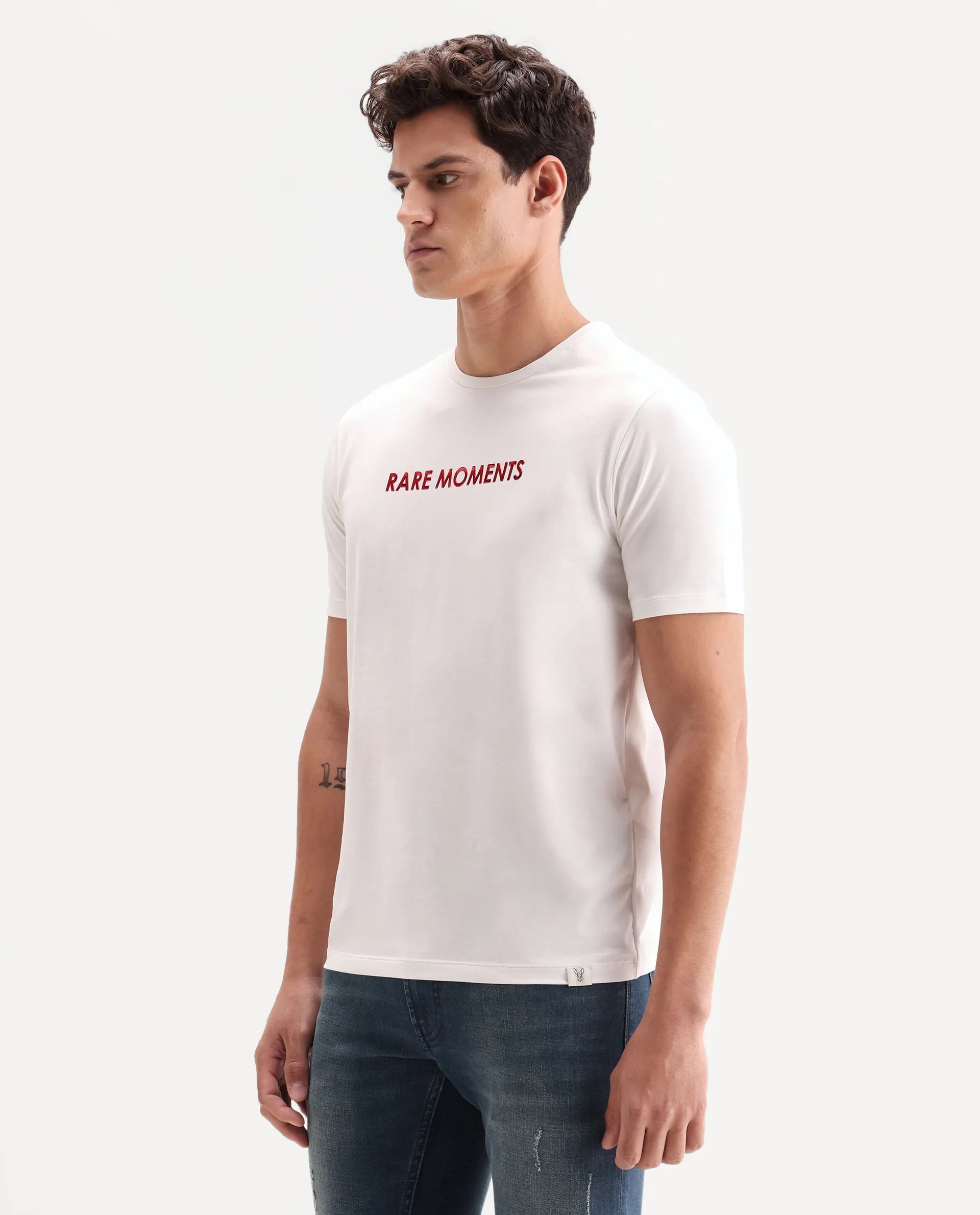 Rare Rabbit Men's Ments Off White Cotton Blend Fabric Half Sleeve Crew Neck Regular Fit Graphic Print T-Shirt