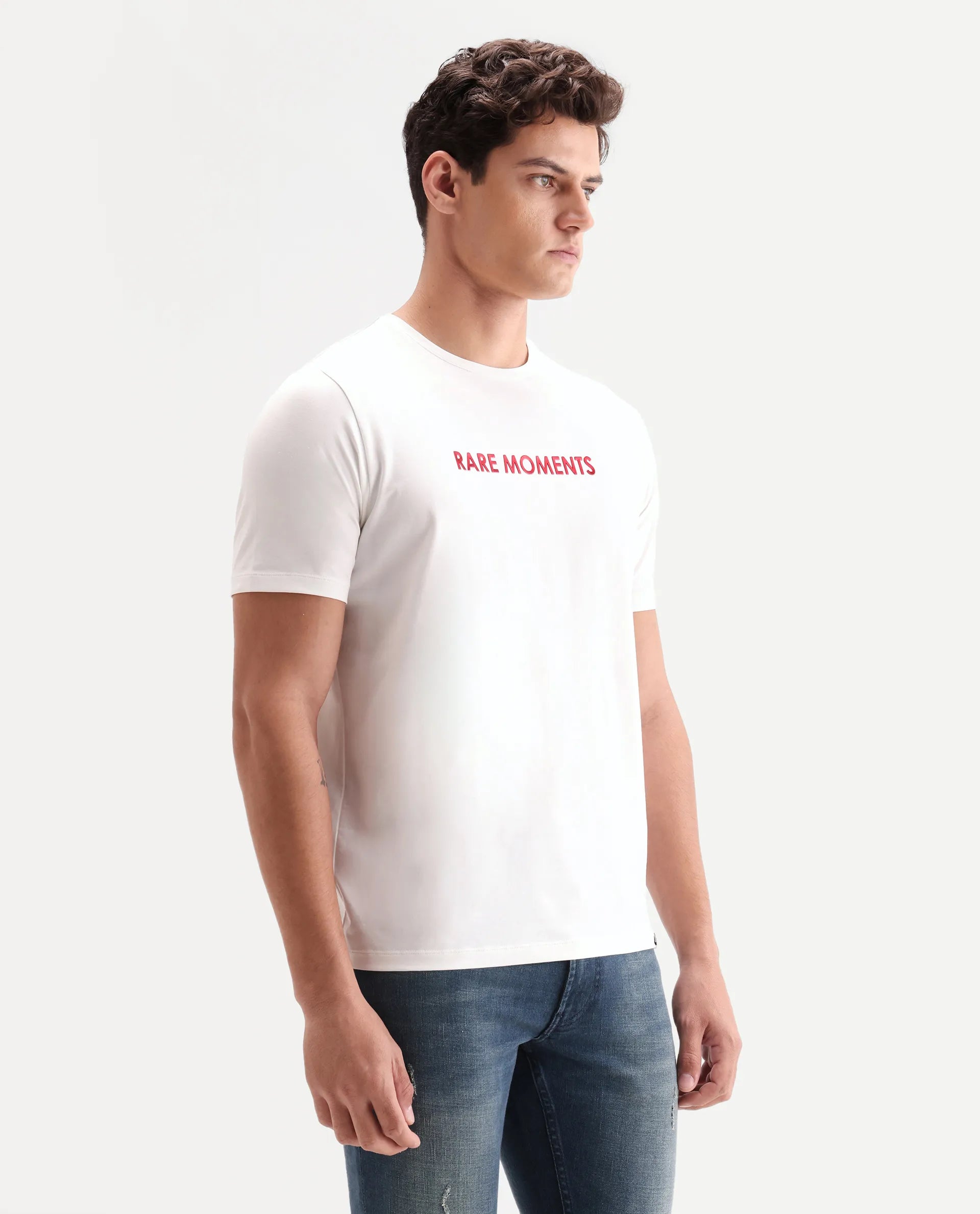 Rare Rabbit Men's Ments Off White Cotton Blend Fabric Half Sleeve Crew Neck Regular Fit Graphic Print T-Shirt