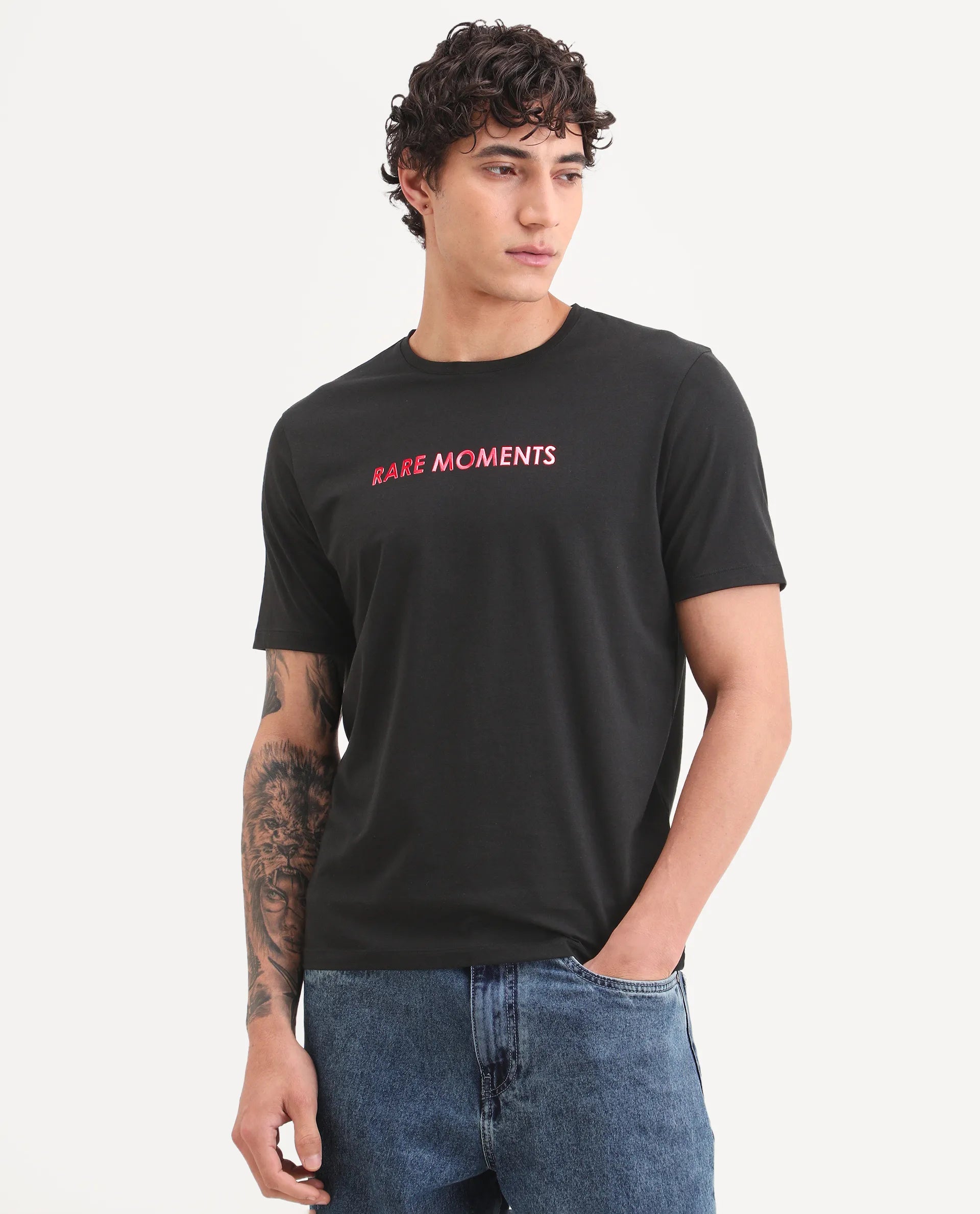 Rare Rabbit Men's Ments Black Cotton Blend Fabric Half Sleeve Crew Neck Regular Fit Graphic Print T-Shirt