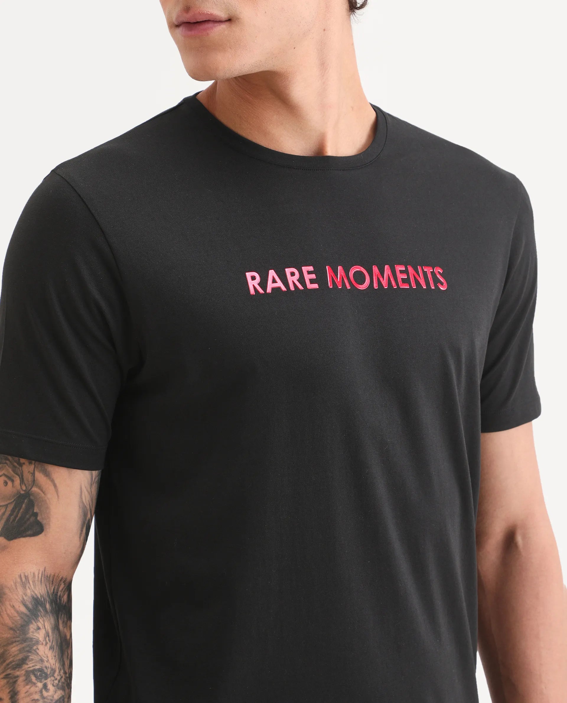 Rare Rabbit Men's Ments Black Cotton Blend Fabric Half Sleeve Crew Neck Regular Fit Graphic Print T-Shirt
