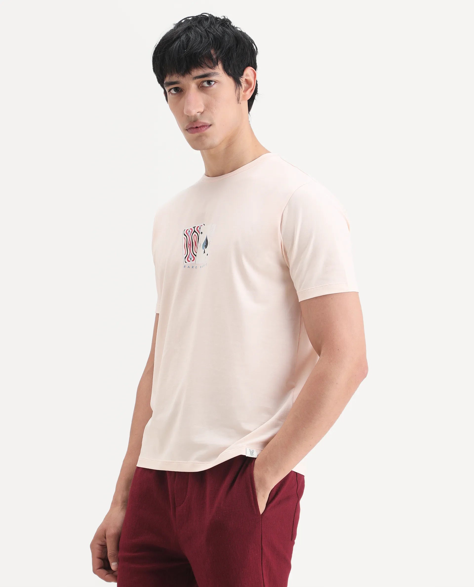 Rare Rabbit Men's Mich Pastel Peach Cotton Blend Fabric Half Sleeve Crew Neck Regular Fit Graphic Print T-Shirt