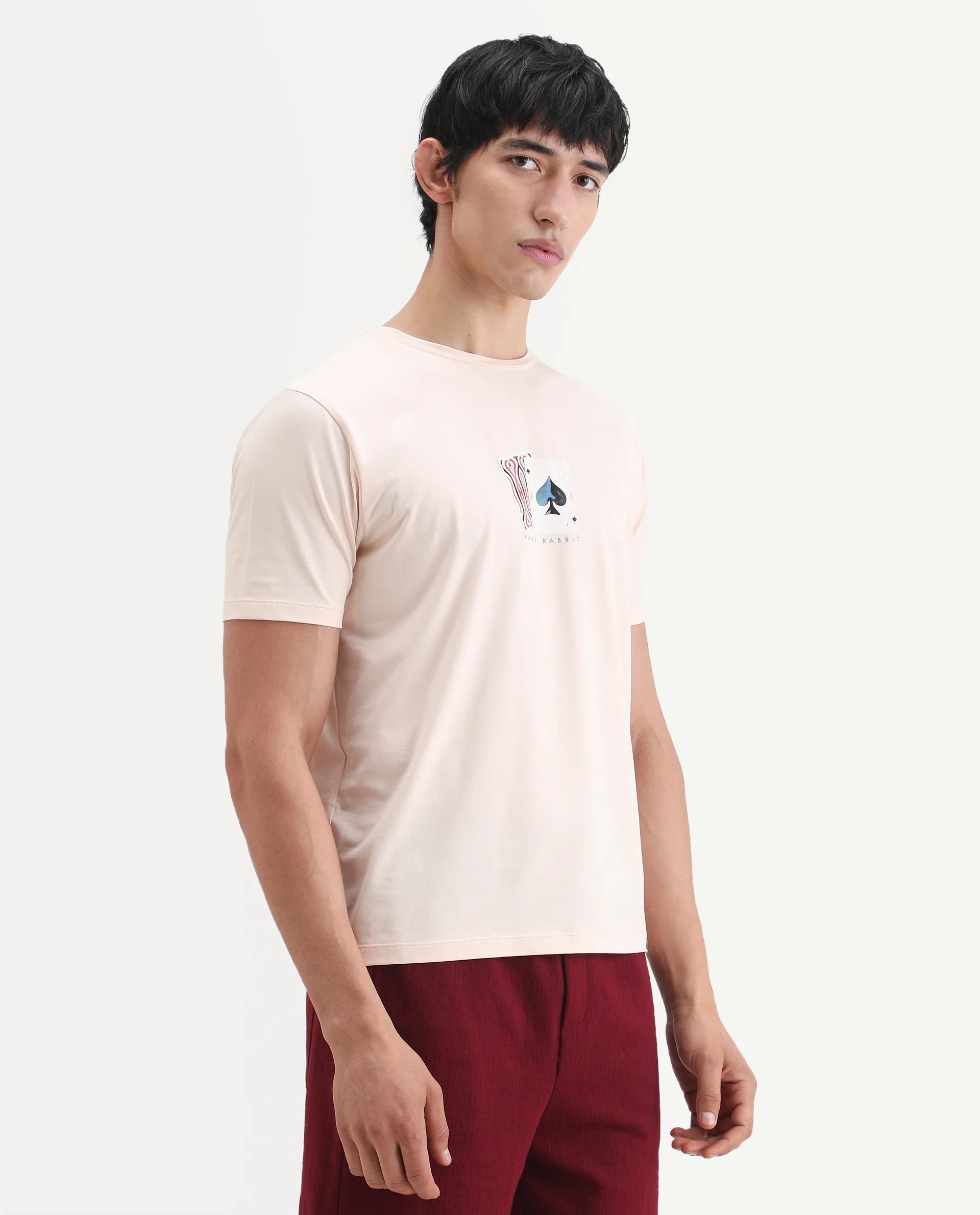 Rare Rabbit Men's Mich Pastel Peach Cotton Blend Fabric Half Sleeve Crew Neck Regular Fit Graphic Print T-Shirt
