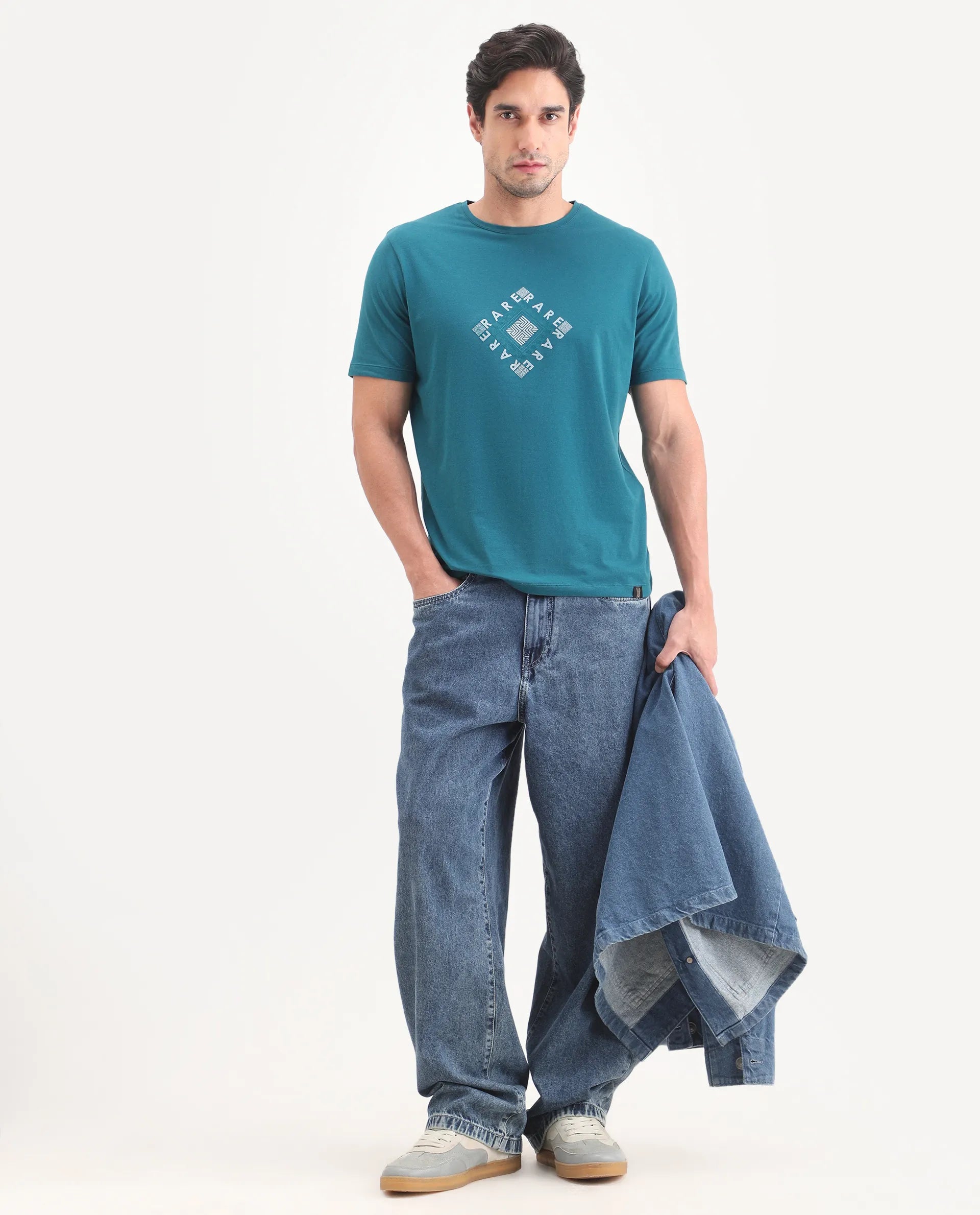 Rare Rabbit Men's Mich Flouroscent Blue Cotton Blend Fabric Half Sleeve Crew Neck Regular Fit Graphic Print T-Shirt