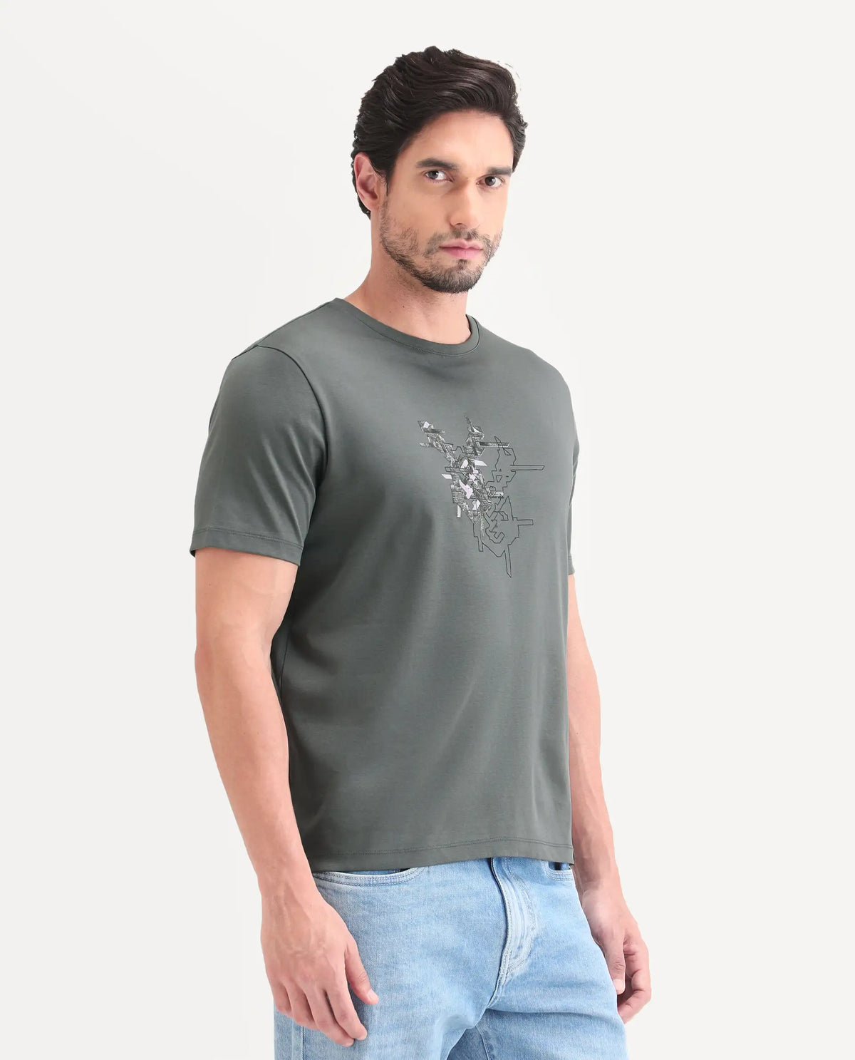 Rare Rabbit Men's Nabo Grey Cotton Fabric Half Sleeve Crew Neck Regular Fit Graphic Print T-Shirt