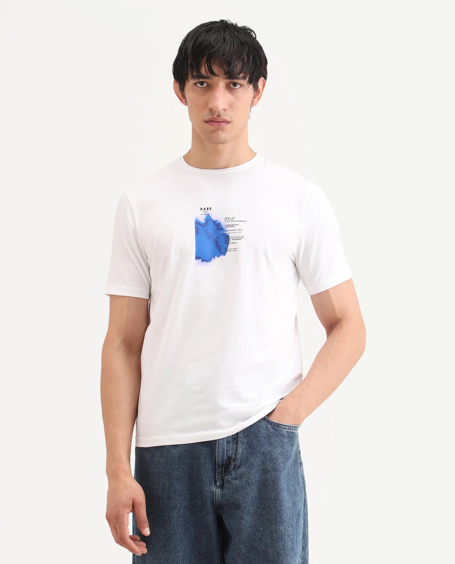 Rare Rabbit Men's Nes White Cotton Blend Fabric Half Sleeve Crew Neck Regular Fit Graphic Print T-Shirt