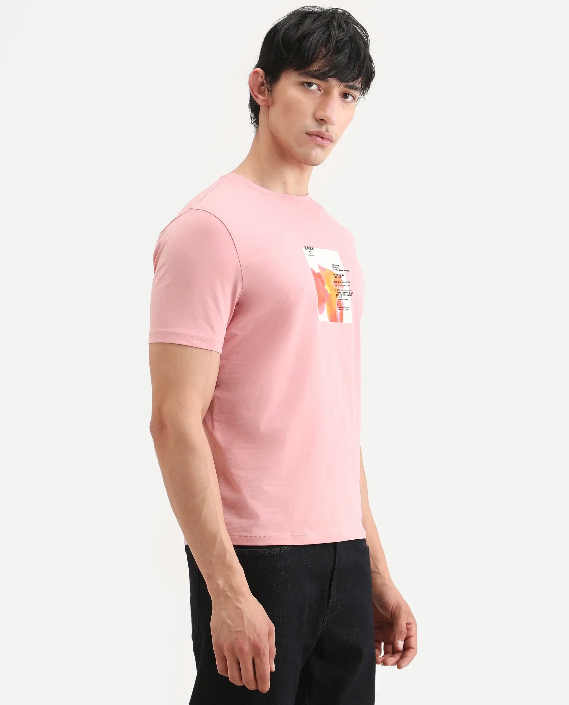 Rare Rabbit Men's Nes Pink Cotton Blend Fabric Half Sleeve Crew Neck Regular Fit Graphic Print T-Shirt
