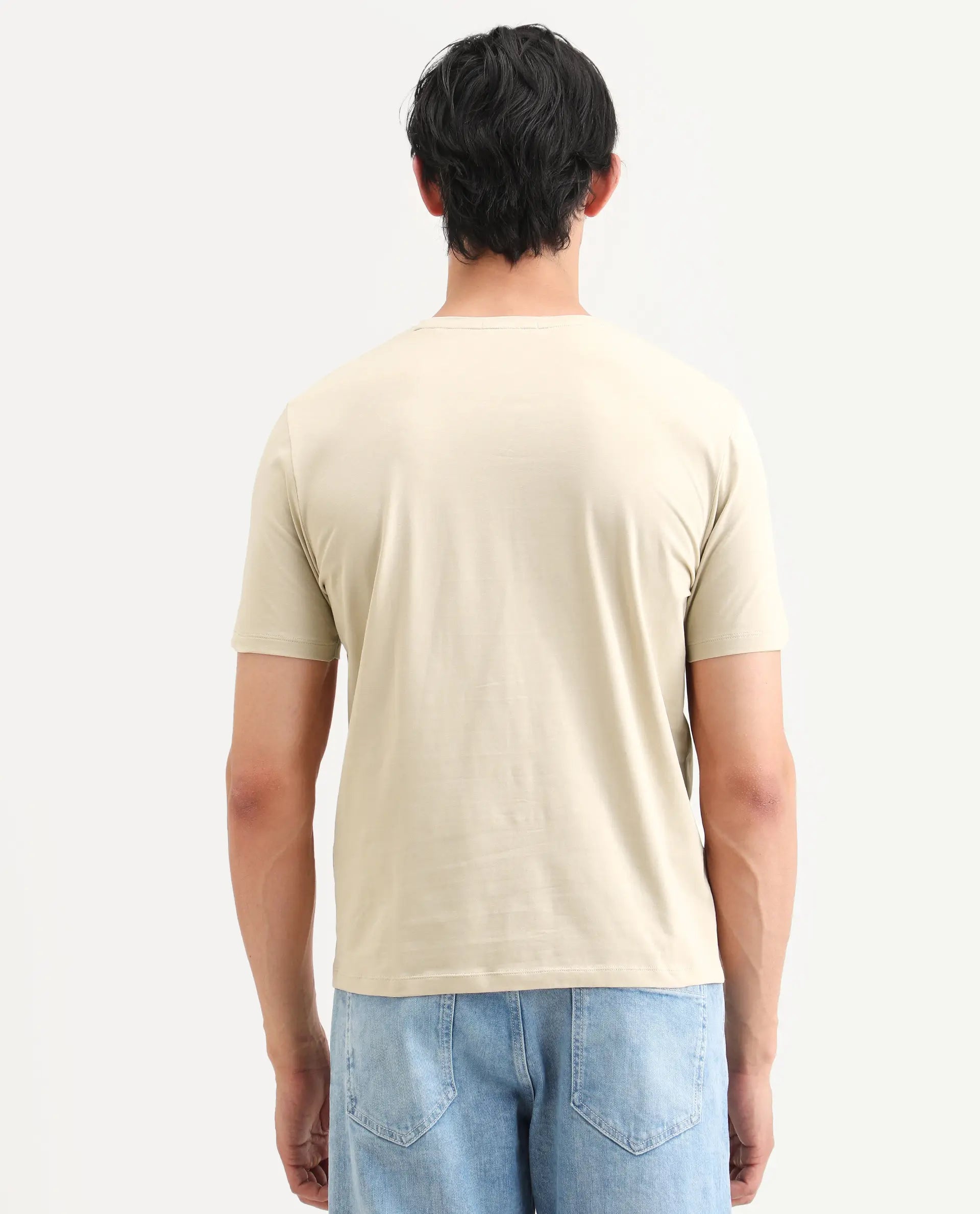 Rare Rabbit Men's Orem Light Beige Cotton Blend Fabric Half Sleeve Crew Neck Regular Fit Graphic Print T-Shirt