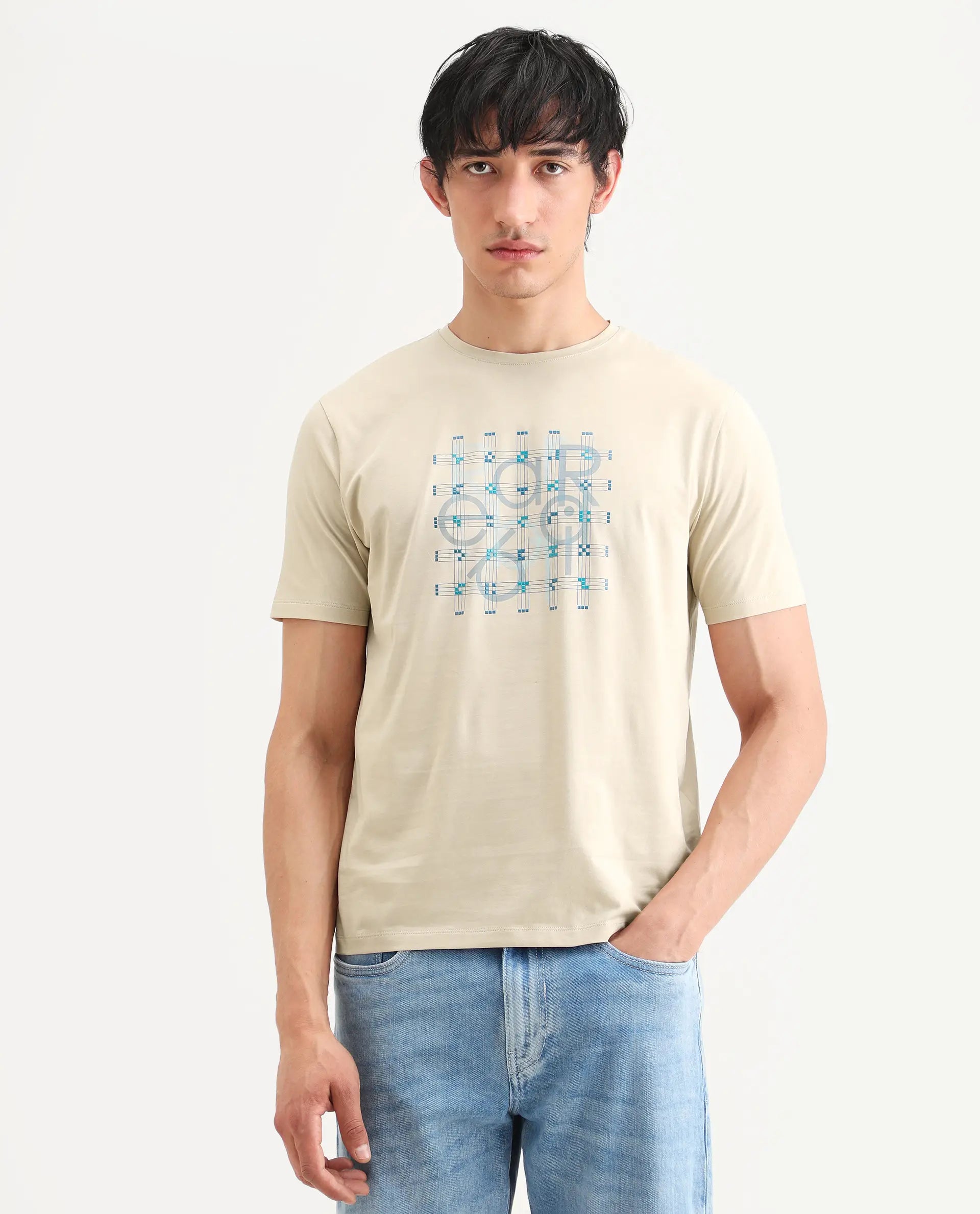 Rare Rabbit Men's Orem Light Beige Cotton Blend Fabric Half Sleeve Crew Neck Regular Fit Graphic Print T-Shirt