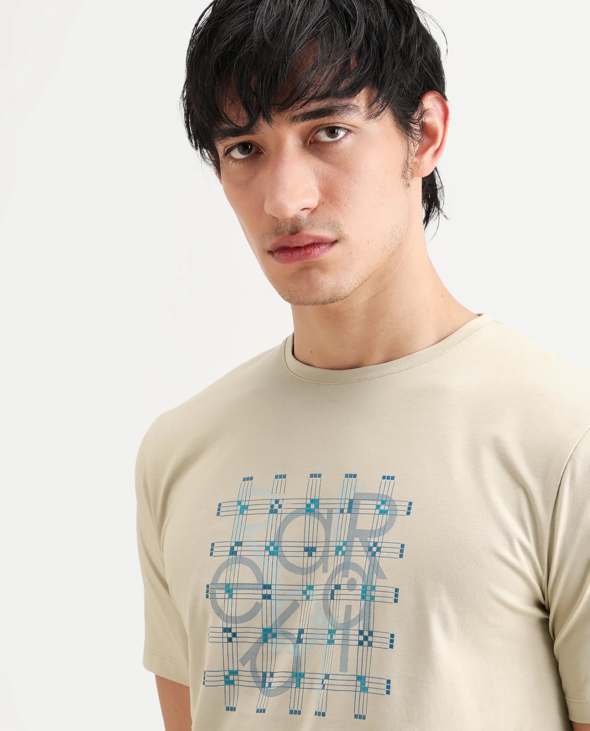 Rare Rabbit Men's Orem Light Beige Cotton Blend Fabric Half Sleeve Crew Neck Regular Fit Graphic Print T-Shirt
