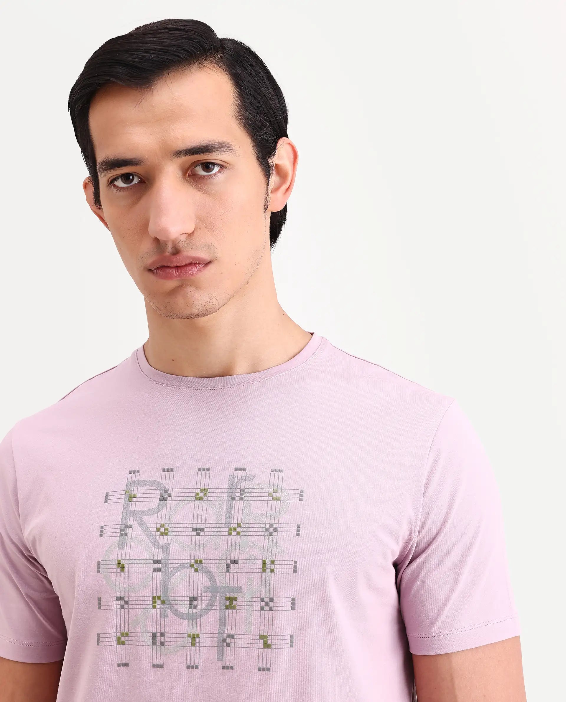 Rare Rabbit Men's Orem Pastel Pink Cotton Blend Fabric Half Sleeve Crew Neck Regular Fit Graphic Print T-Shirt