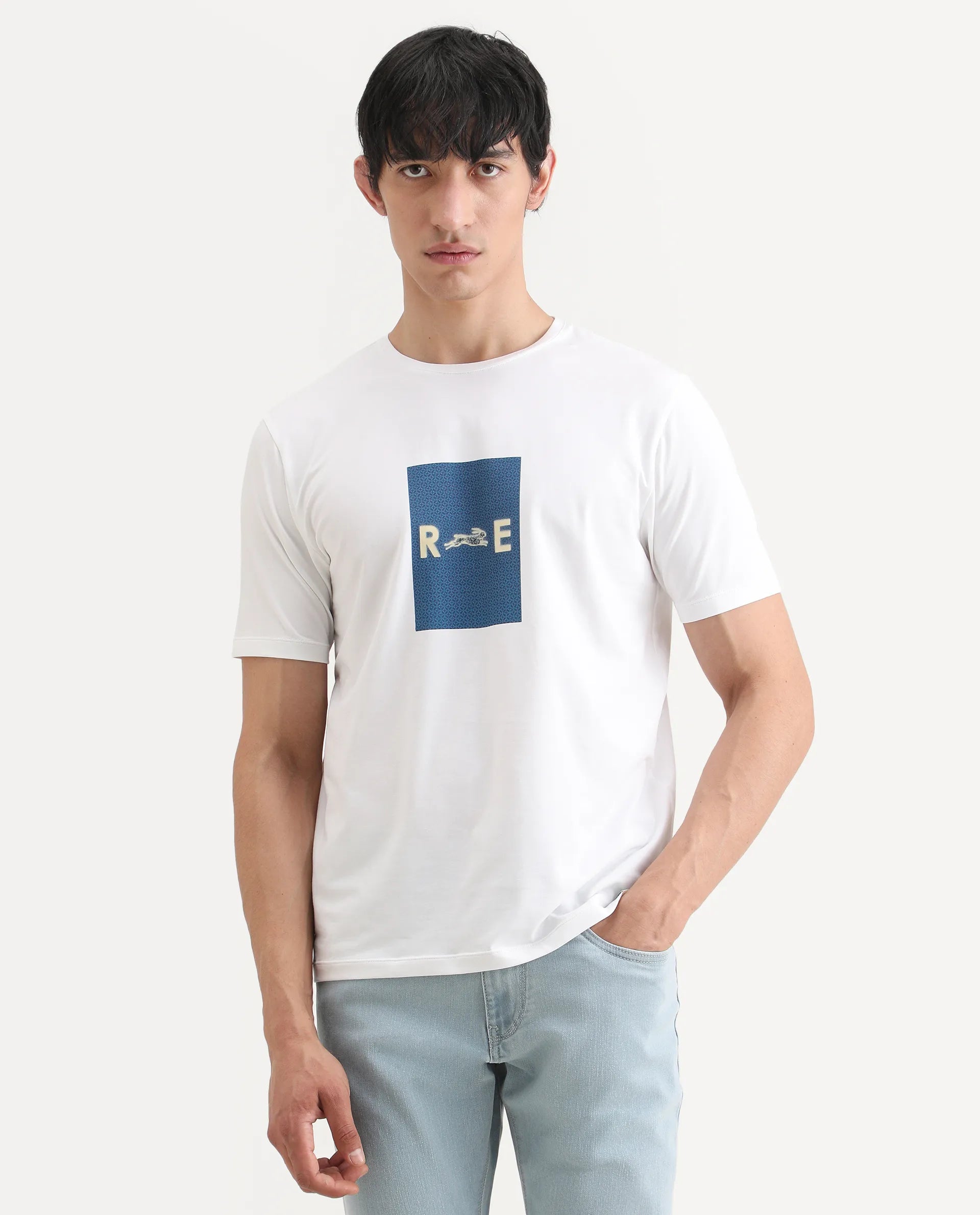 Rare Rabbit Men's Outi White Cotton Blend Fabric Half Sleeve Crew Neck Regular Fit Graphic Print T-Shirt
