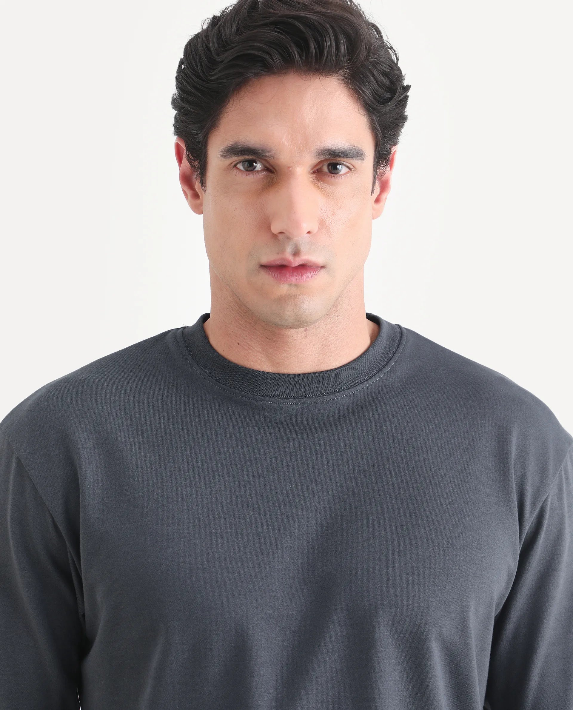 Rare Rabbit Men's Qlo-S26 Dark Grey Cotton Blend Fabric Half Sleeve Crew Neck Oversize Plain T-Shirt