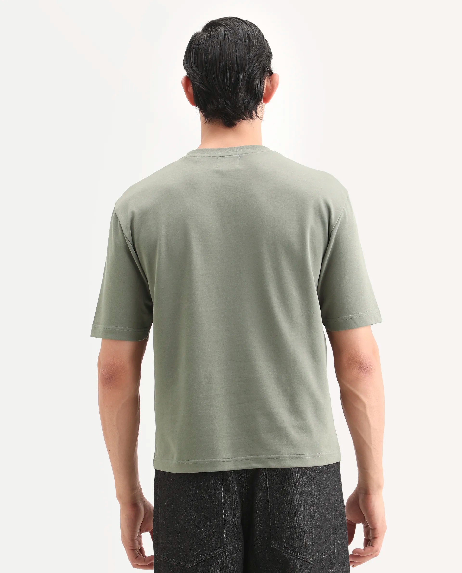 Rare Rabbit Men's Qlo-S26 Dusky Green Cotton Blend Fabric Half Sleeve Crew Neck Oversize Plain T-Shirt
