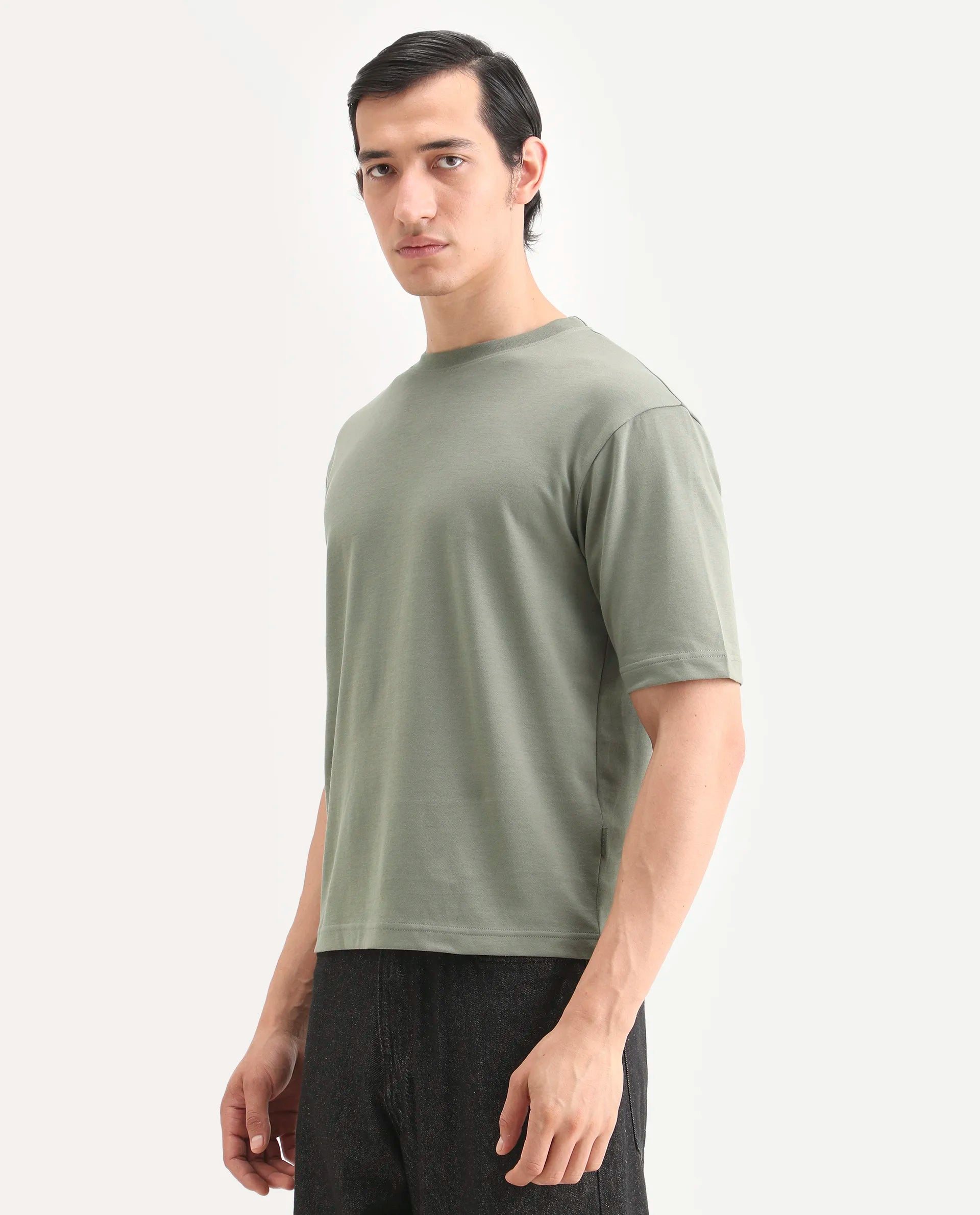Rare Rabbit Men's Qlo-S26 Dusky Green Cotton Blend Fabric Half Sleeve Crew Neck Oversize Plain T-Shirt