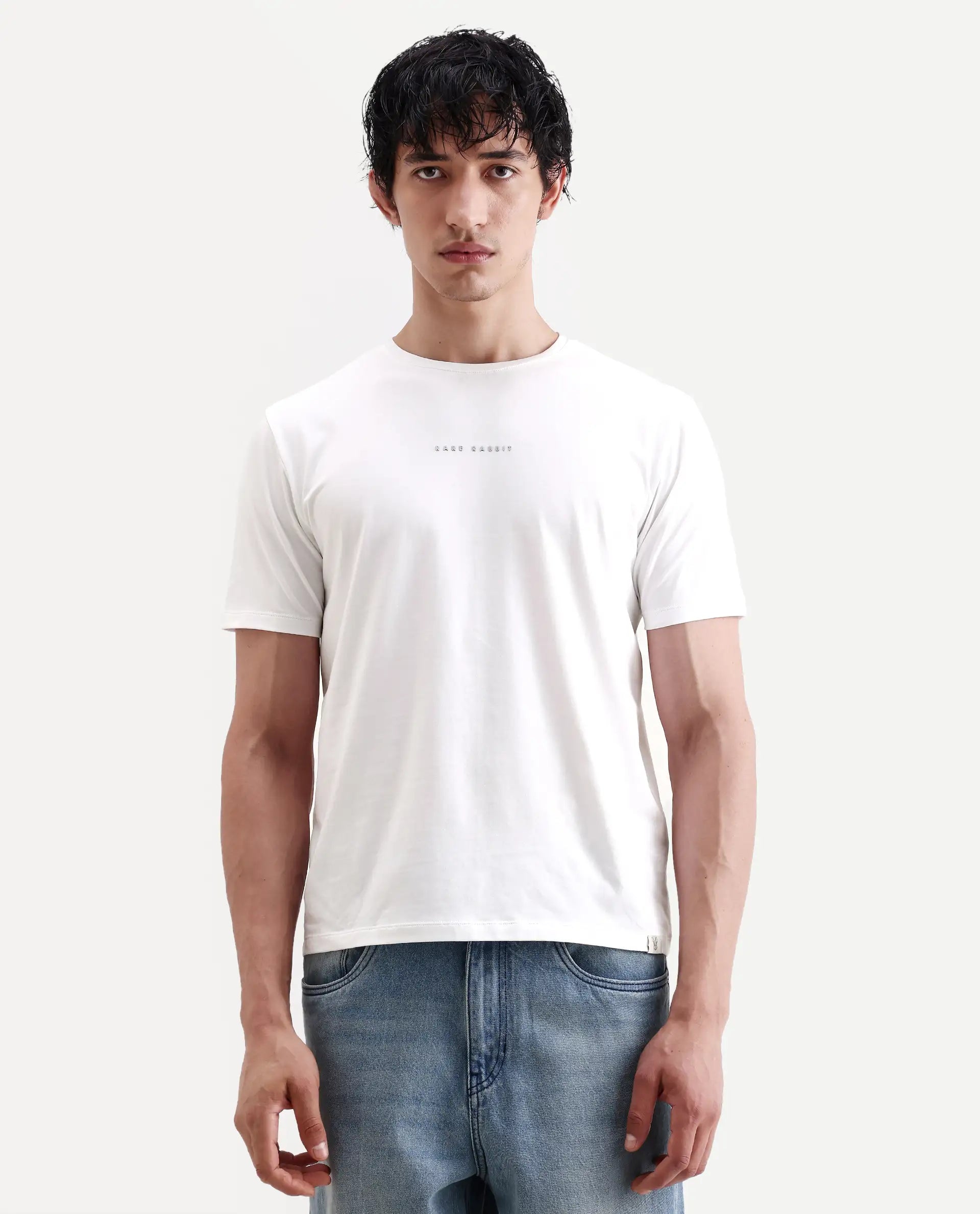Rare Rabbit Men's Rabbit-S26 White Cotton Blend Fabric Half Sleeve Crew Neck Regular Fit Plain T-Shirt